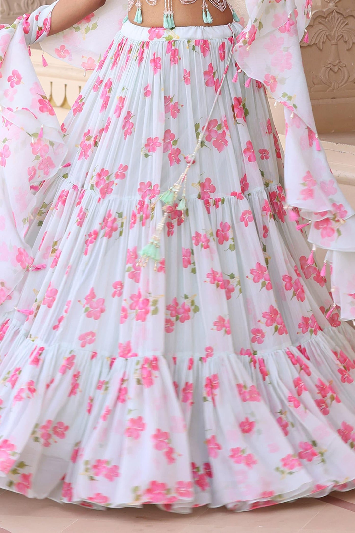 Green Organza, Chiffon Embroidery, Sequins, Floral Print Tiered Lehenga Set - Designer Kurta Set