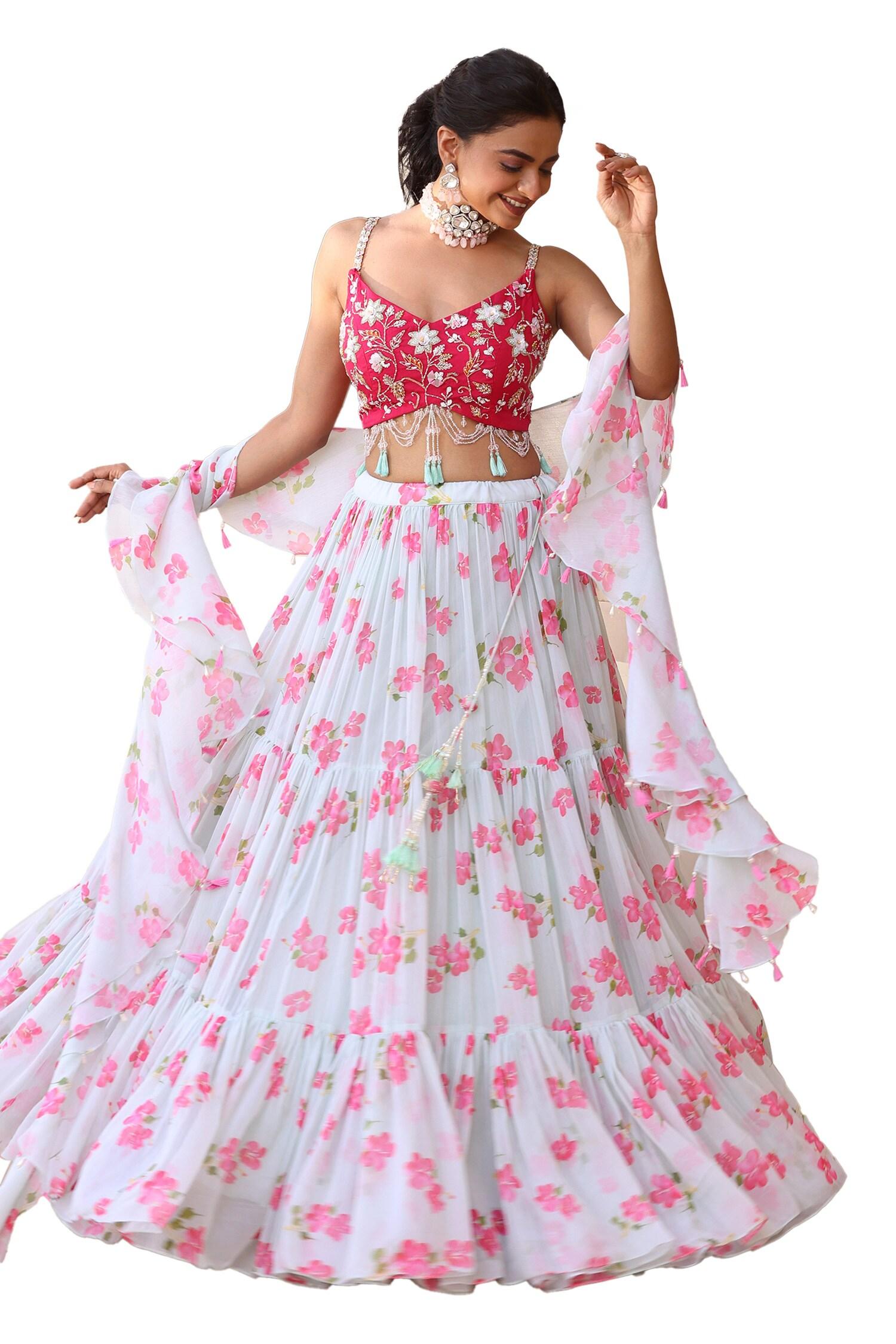 Green Organza, Chiffon Embroidery, Sequins, Floral Print Tiered Lehenga Set - Designer Kurta Set