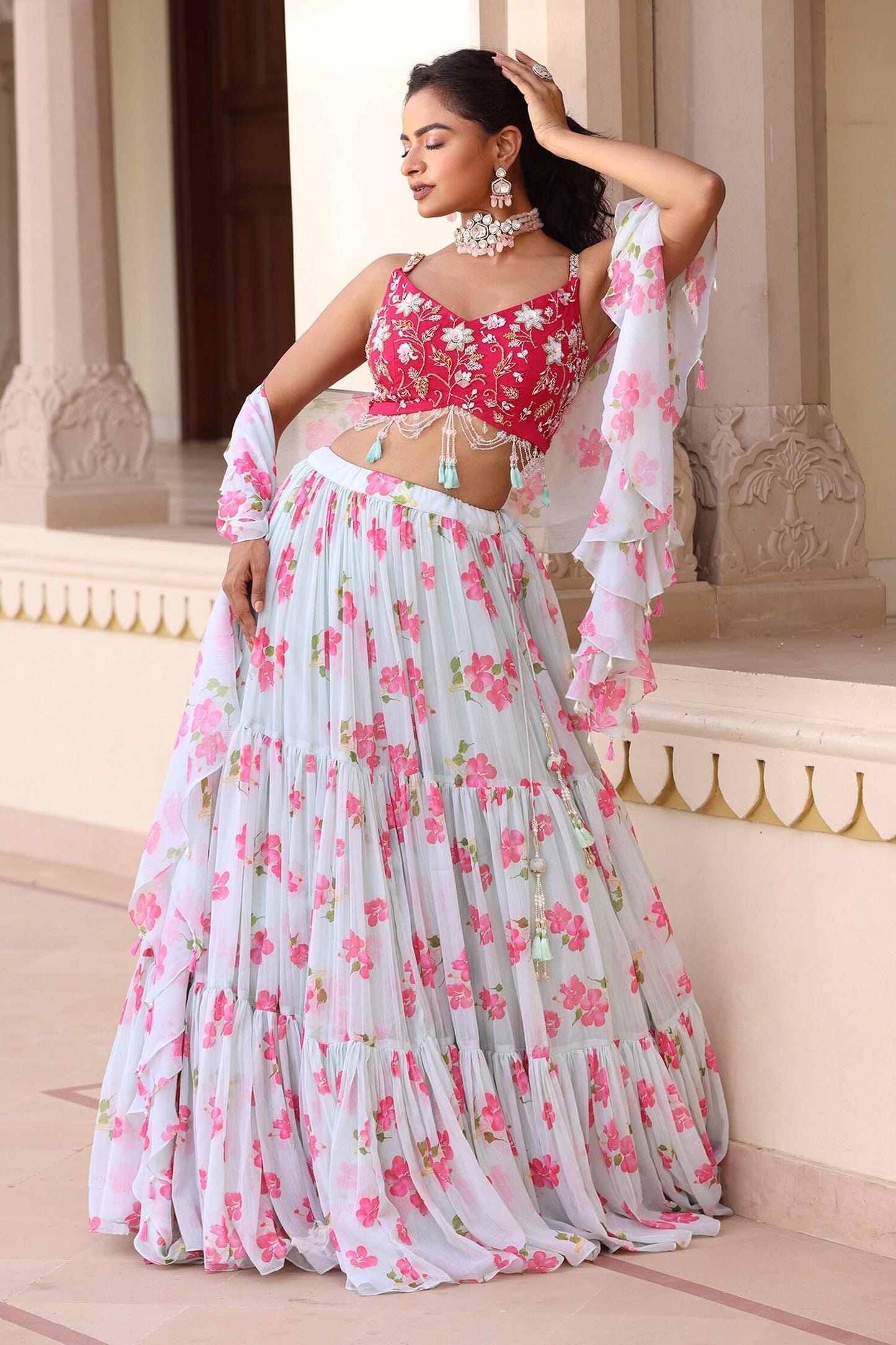 Green Organza, Chiffon Embroidery, Sequins, Floral Print Tiered Lehenga Set - Designer Kurta Set