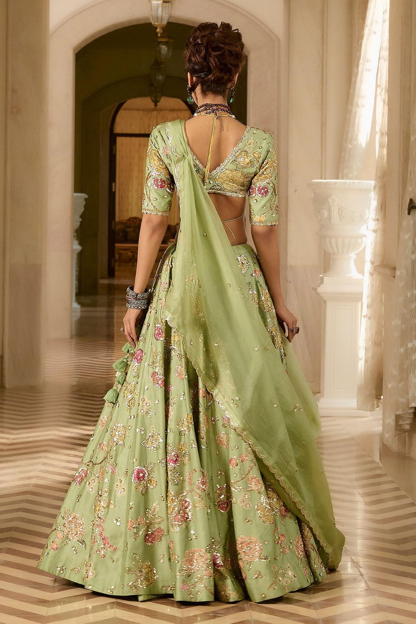 Green Organza Embroidery V-neck Floral Sage Lehenga Set - Designer Kurta Set