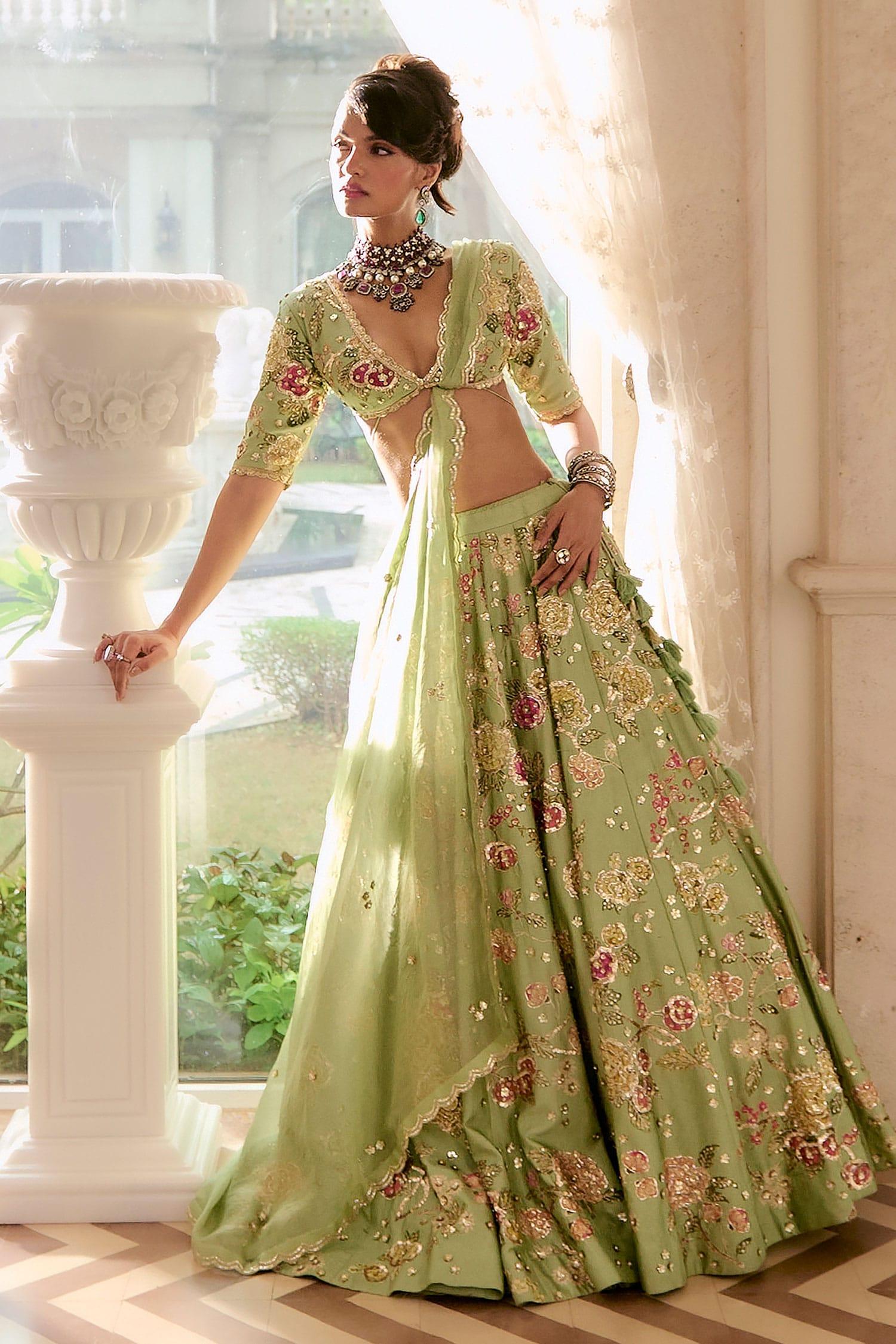 Green Organza Embroidery V-neck Floral Sage Lehenga Set - Designer Kurta Set