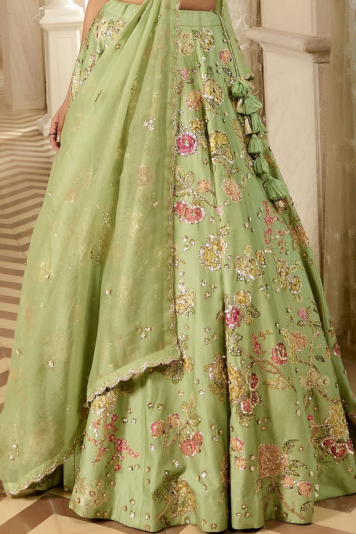 Green Organza Embroidery V-neck Floral Sage Lehenga Set - Designer Kurta Set