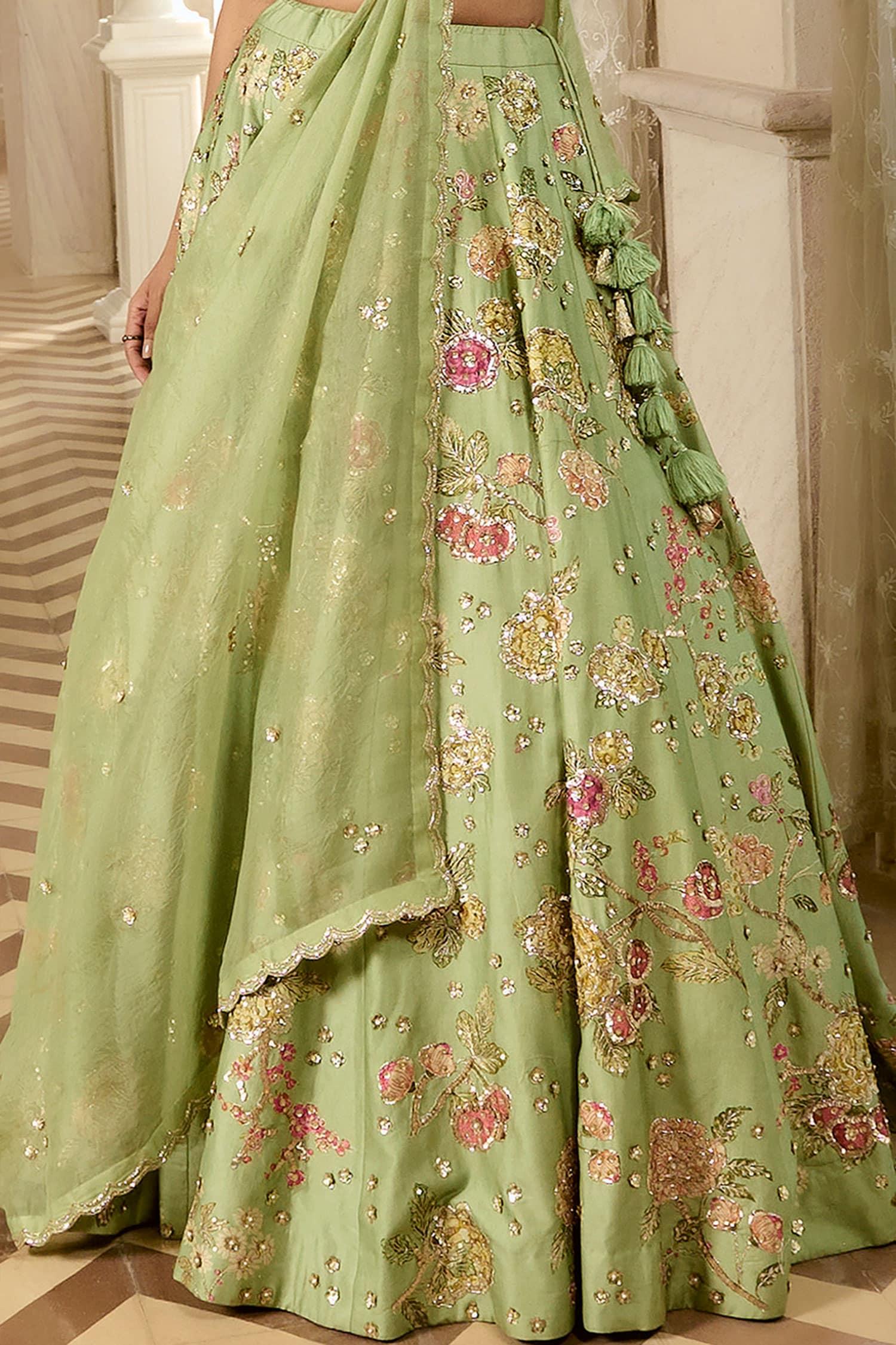 Green Organza Embroidery V-neck Floral Sage Lehenga Set - Designer Kurta Set