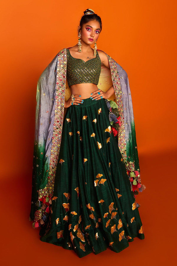 Green Raw , Chanderi , Tussar Leaf Megh Malhar Bridal Lehenga Set - Designer Kurta Set
