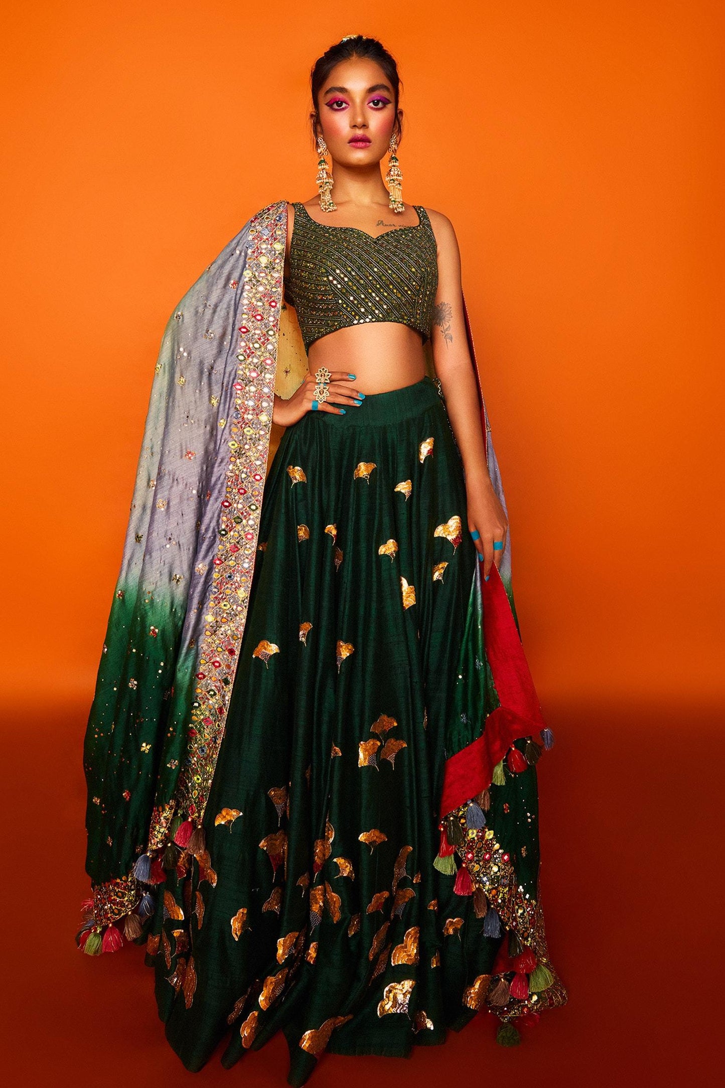 Green Raw , Chanderi , Tussar Leaf Megh Malhar Bridal Lehenga Set - Designer Kurta Set