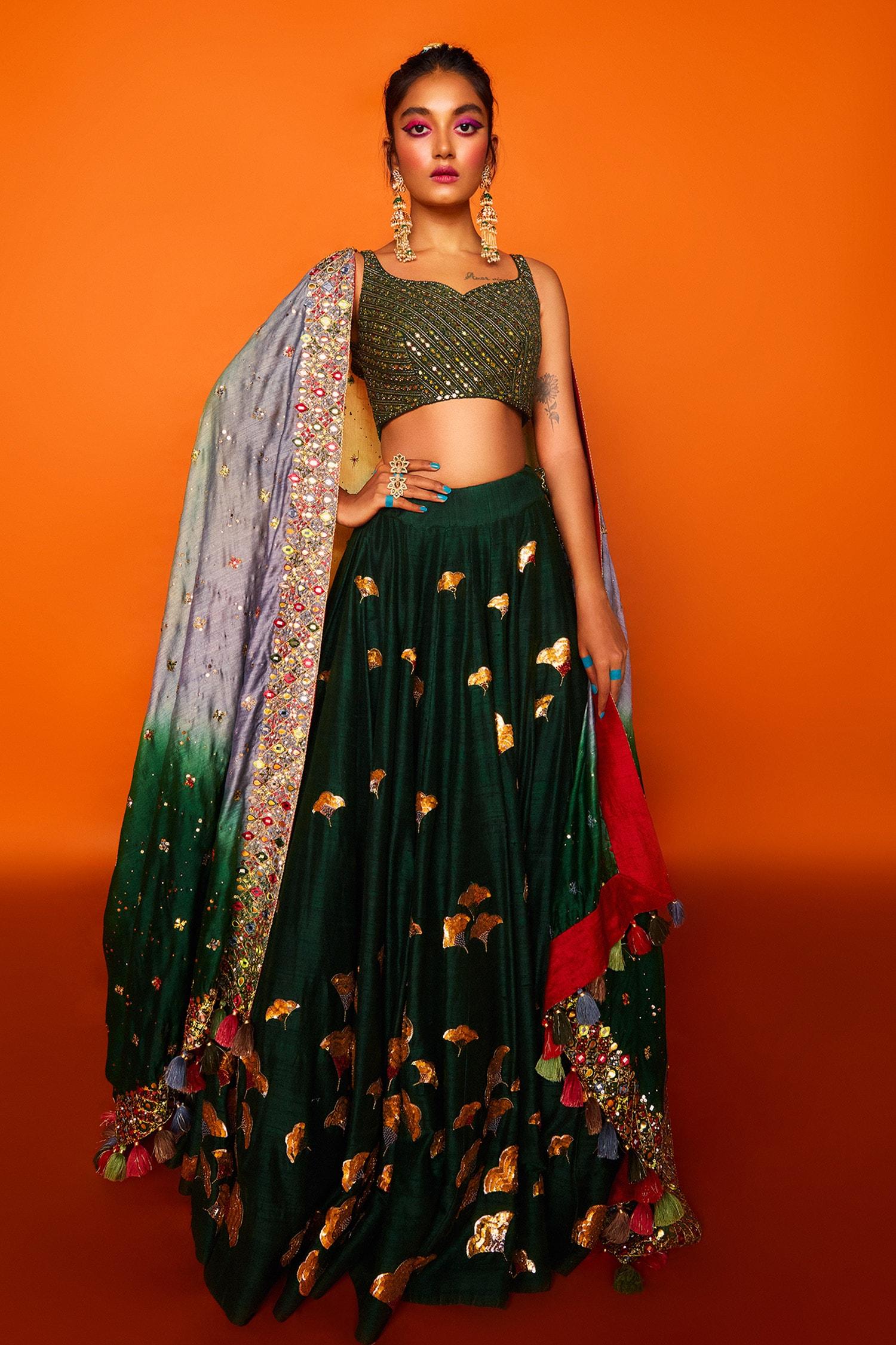 Green Raw , Chanderi , Tussar Leaf Megh Malhar Bridal Lehenga Set - Designer Kurta Set
