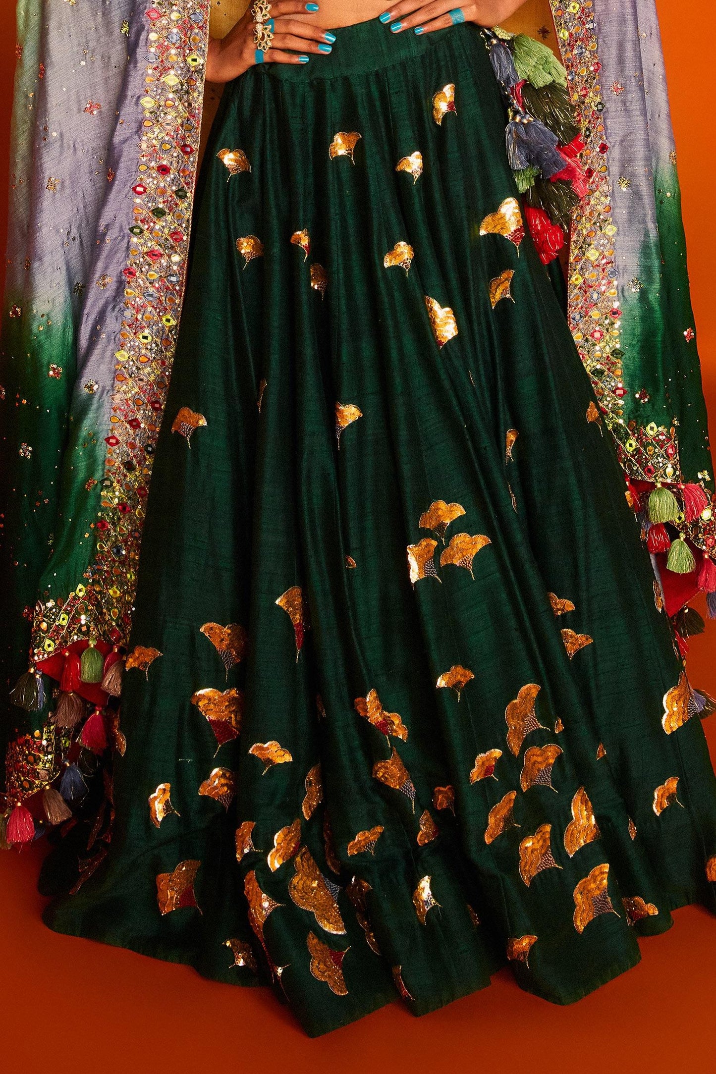 Green Raw , Chanderi , Tussar Leaf Megh Malhar Bridal Lehenga Set - Designer Kurta Set