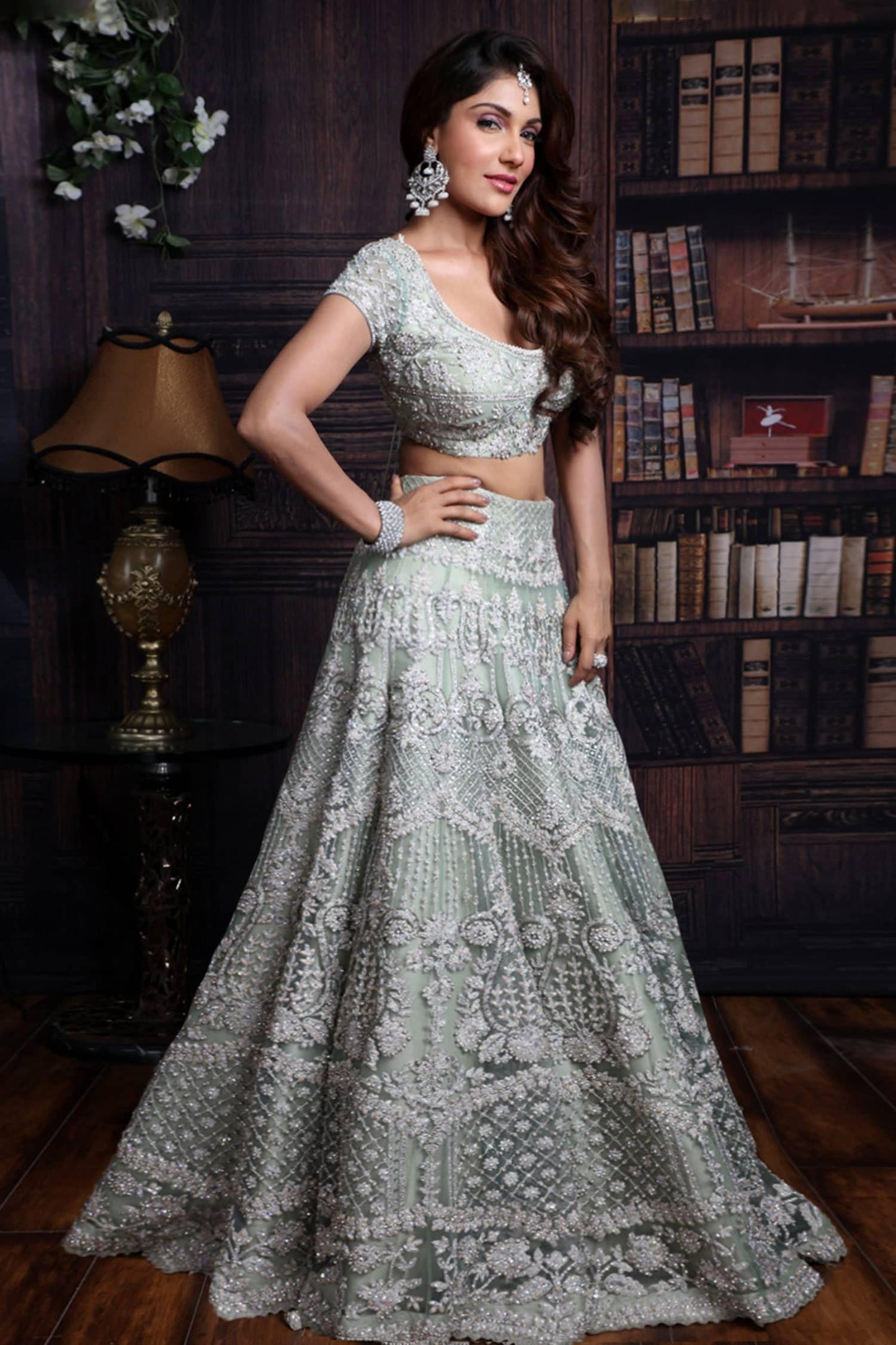 Green Raw Silk, Net Pearl And Sequins Scoop U Neck Embroidered Bridal Lehenga Set - Designer Kurta Set