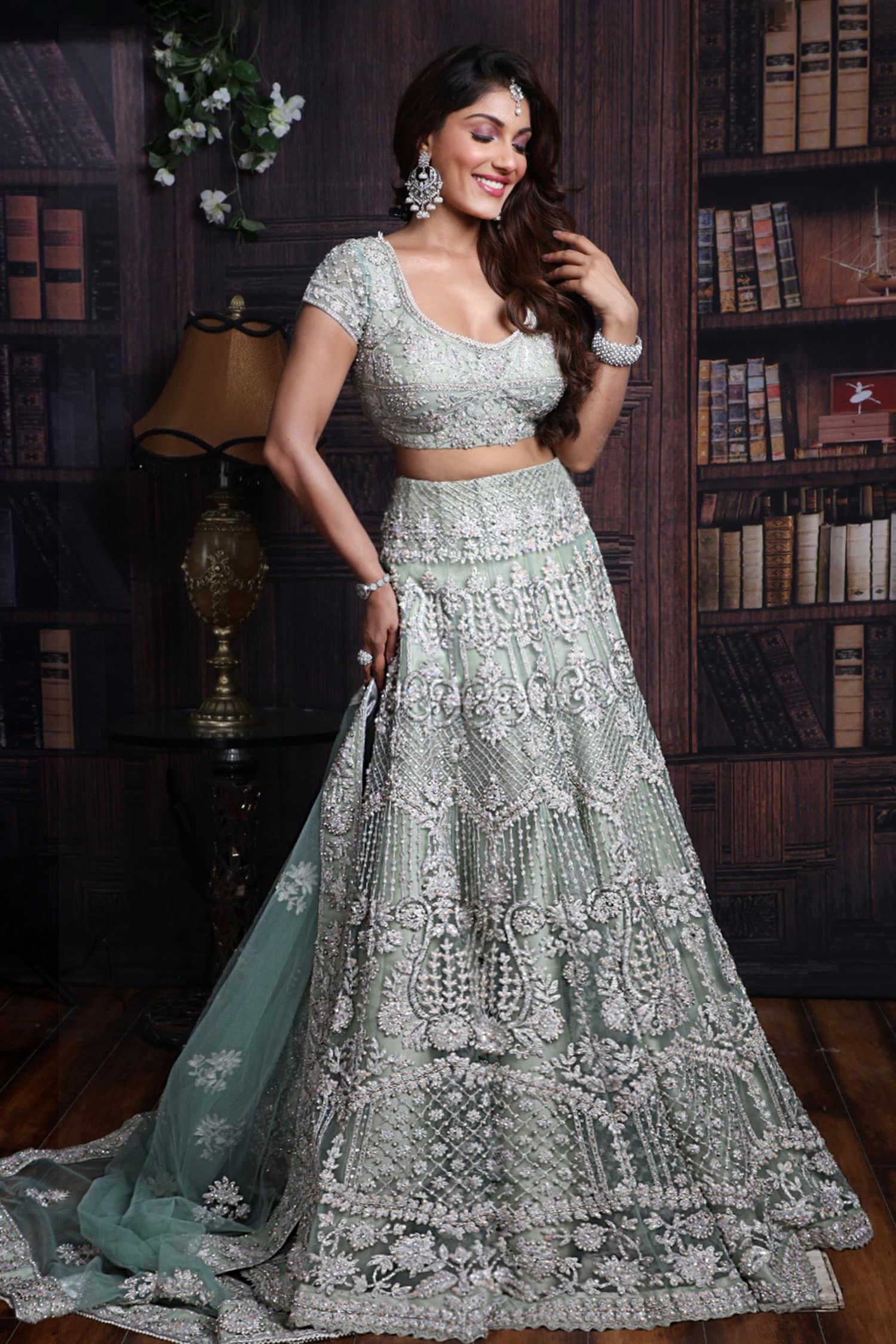 Green Raw Silk, Net Pearl And Sequins Scoop U Neck Embroidered Bridal Lehenga Set - Designer Kurta Set