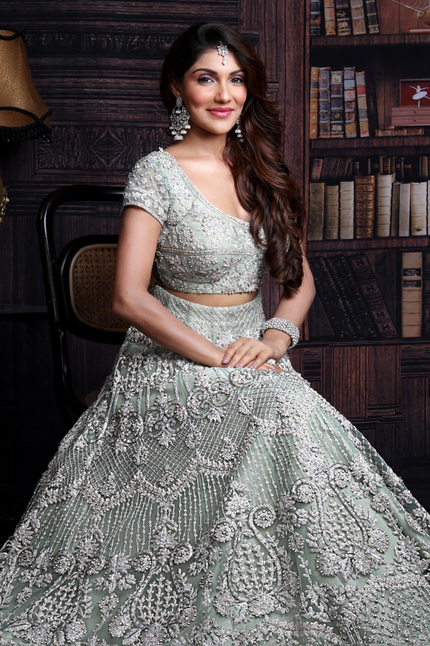 Green Raw Silk, Net Pearl And Sequins Scoop U Neck Embroidered Bridal Lehenga Set - Designer Kurta Set