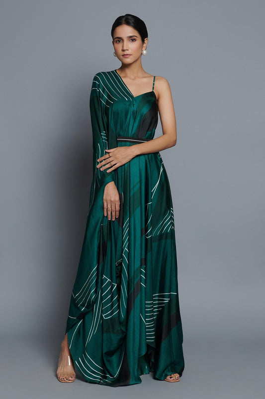 Green Satin V-neck Abstract Print Kaftan