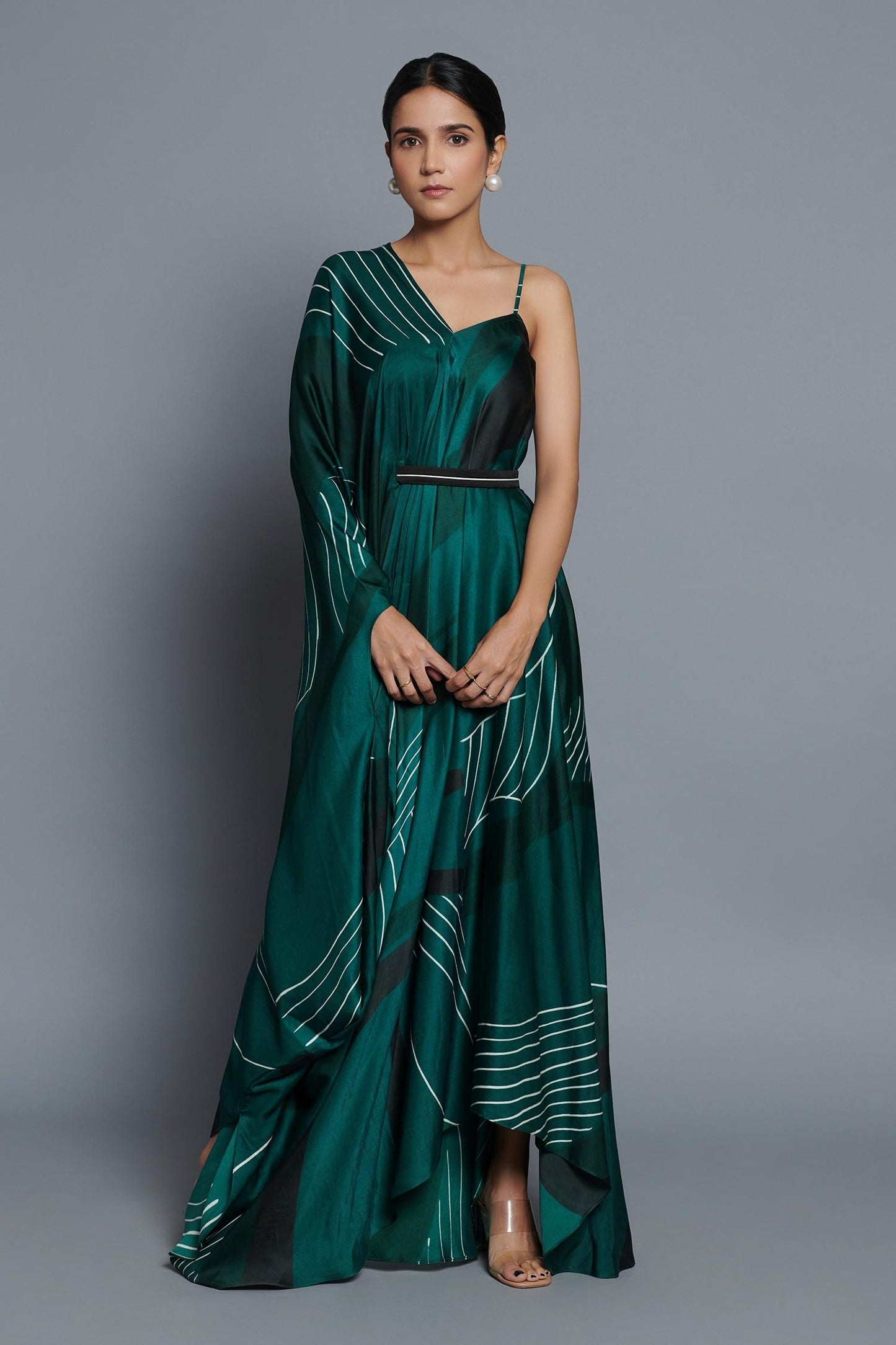 Green Satin V-neck Abstract Print Kaftan