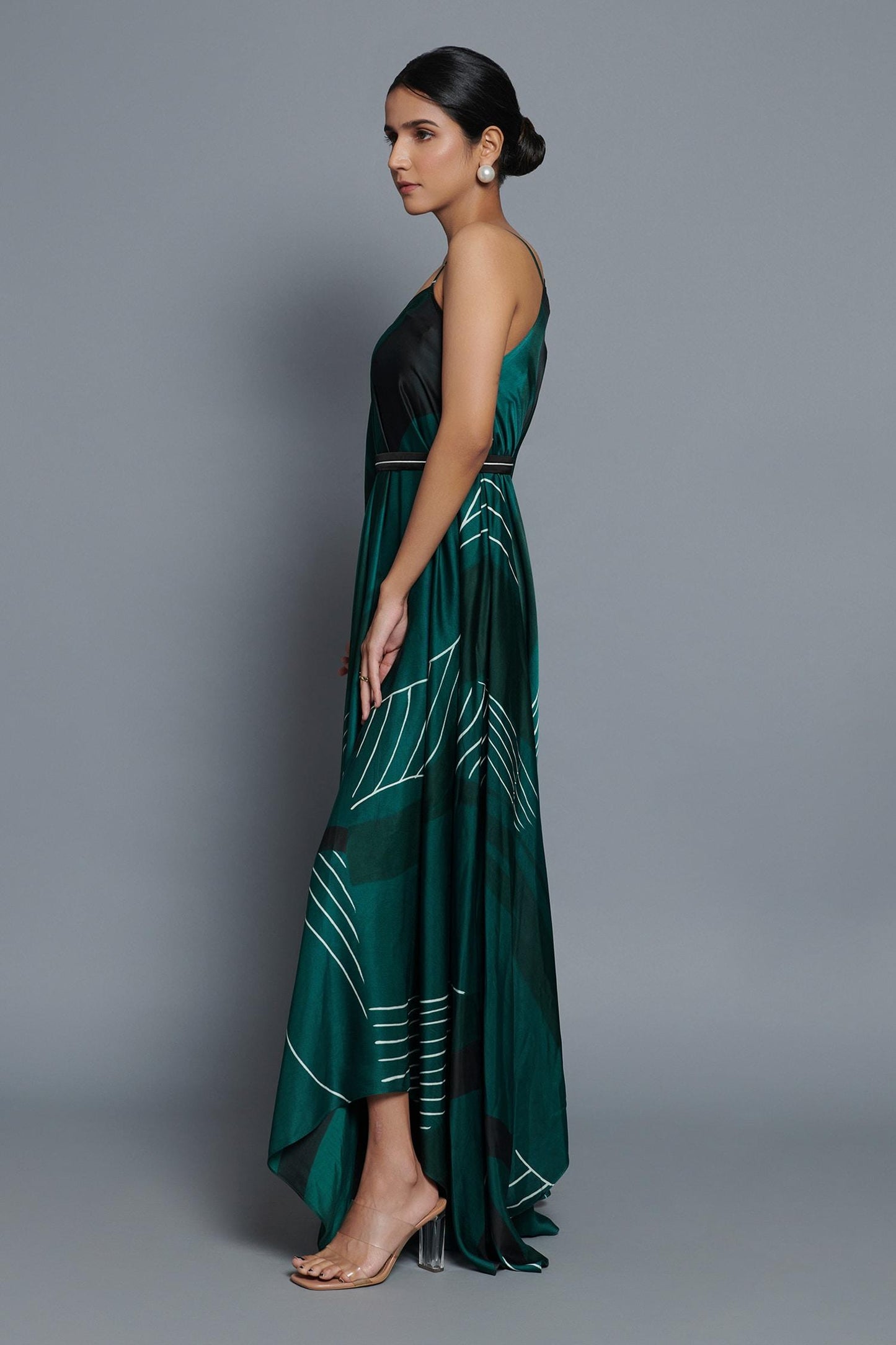 Green Satin V-neck Abstract Print Kaftan