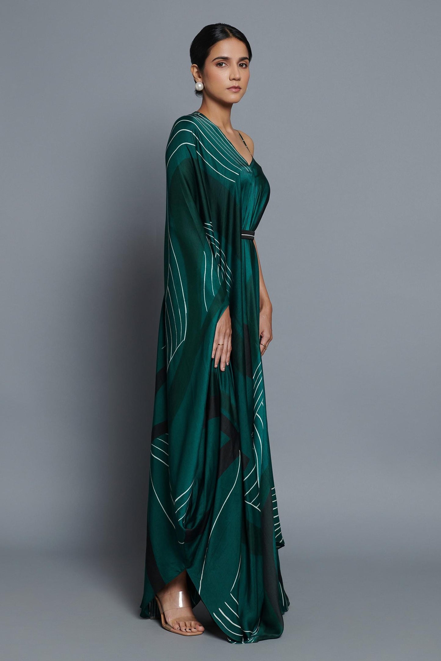 Green Satin V-neck Abstract Print Kaftan