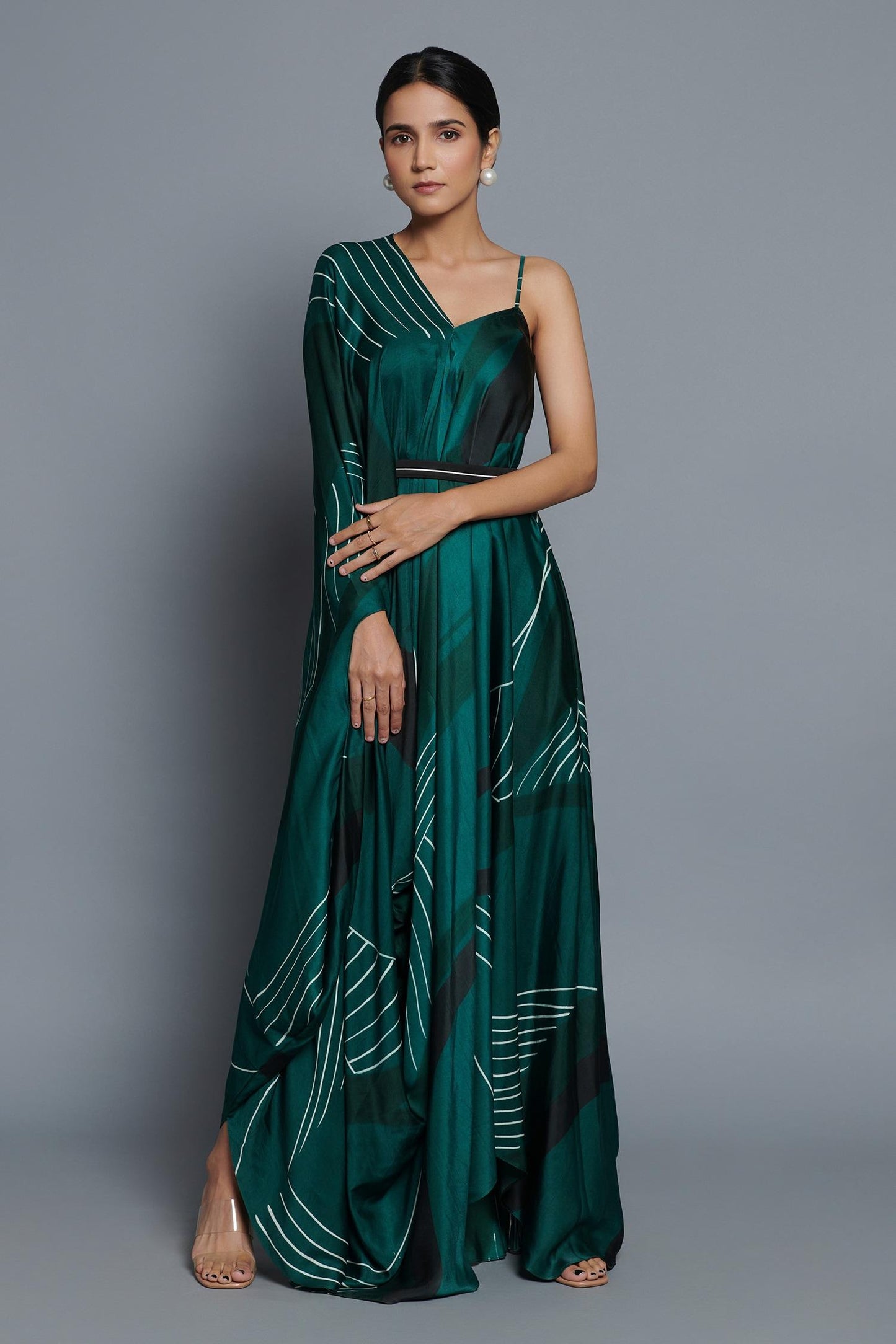 Green Satin V-neck Abstract Print Kaftan