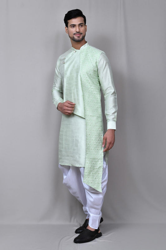 Kurta Set Green Silk Jacquard Metallic Thread Asymmetric