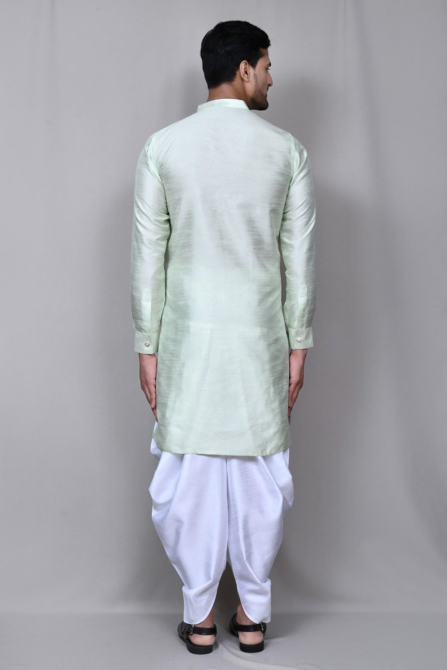 Kurta Set Green Silk Jacquard Metallic Thread Asymmetric