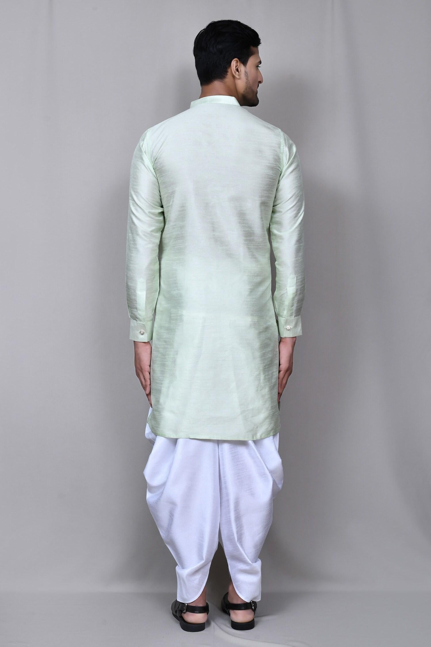 Kurta Set Green Silk Jacquard Metallic Thread Asymmetric