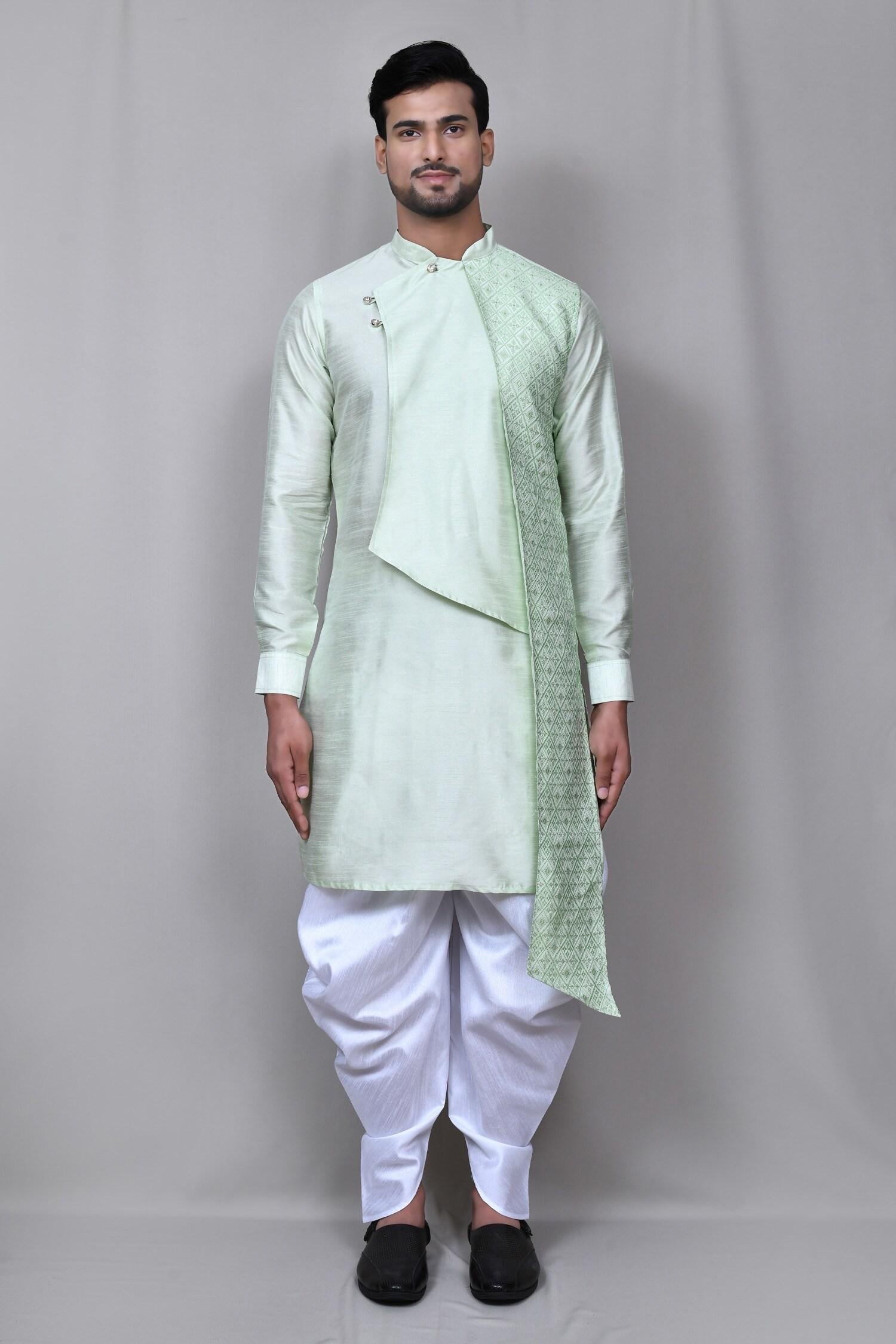 Kurta Set Green Silk Jacquard Metallic Thread Asymmetric