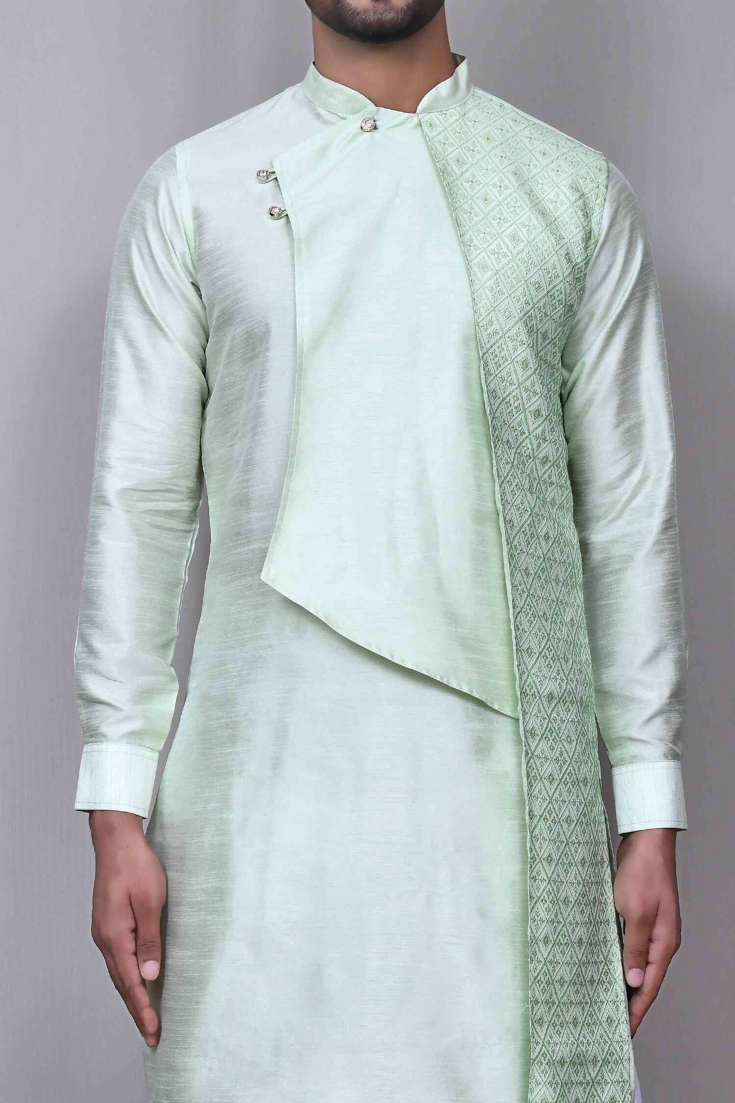 Kurta Set Green Silk Jacquard Metallic Thread Asymmetric