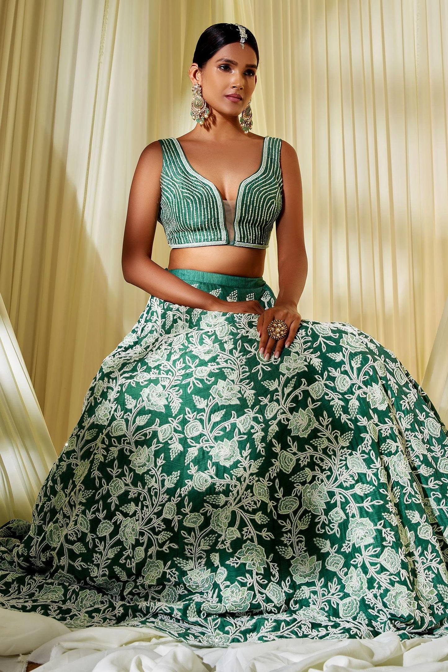 Green Silk, Organza Floral Plunge V Neck Embroidered Bridal Lehenga Set - Designer Kurta Set