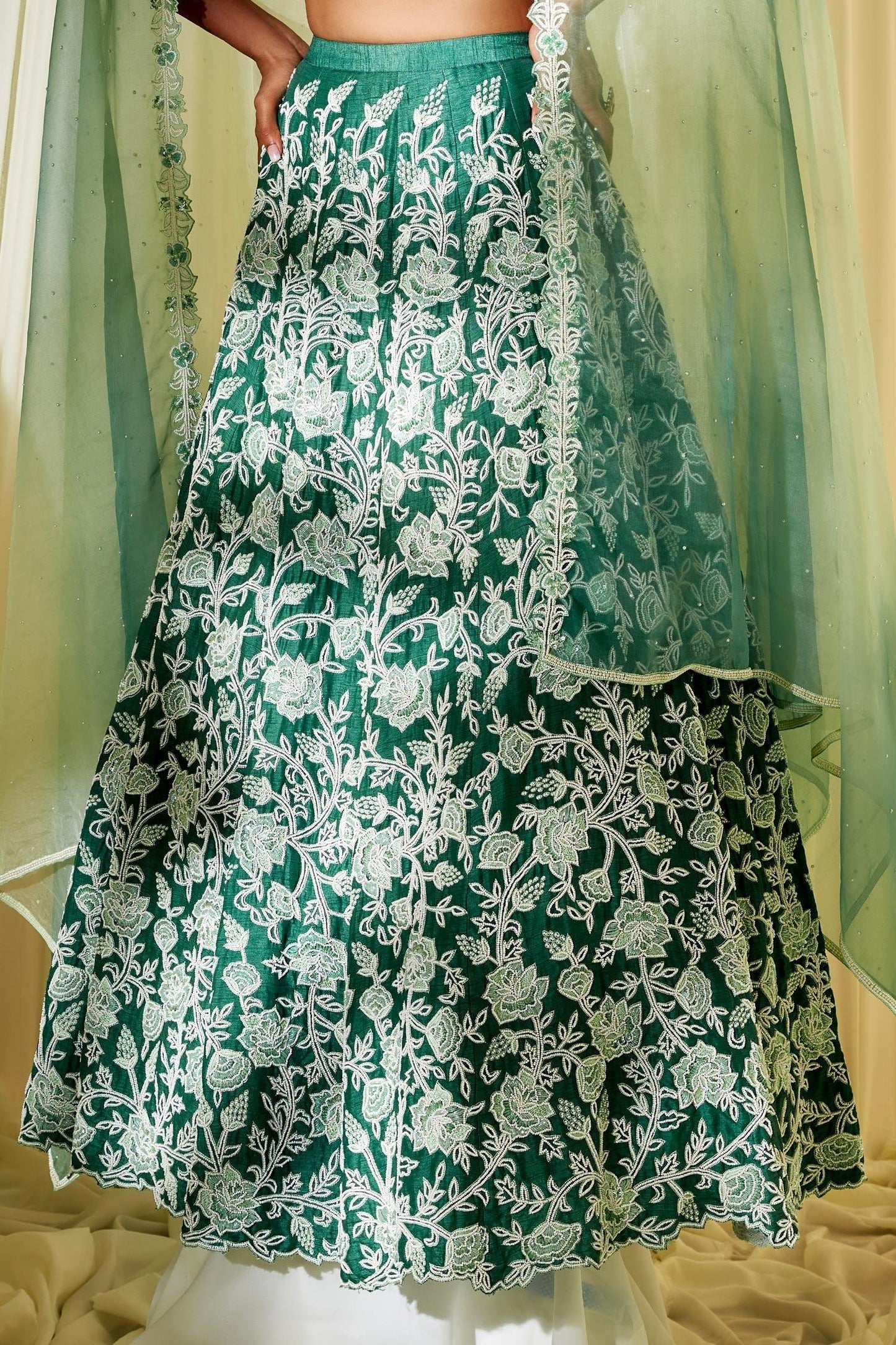 Green Silk, Organza Floral Plunge V Neck Embroidered Bridal Lehenga Set - Designer Kurta Set