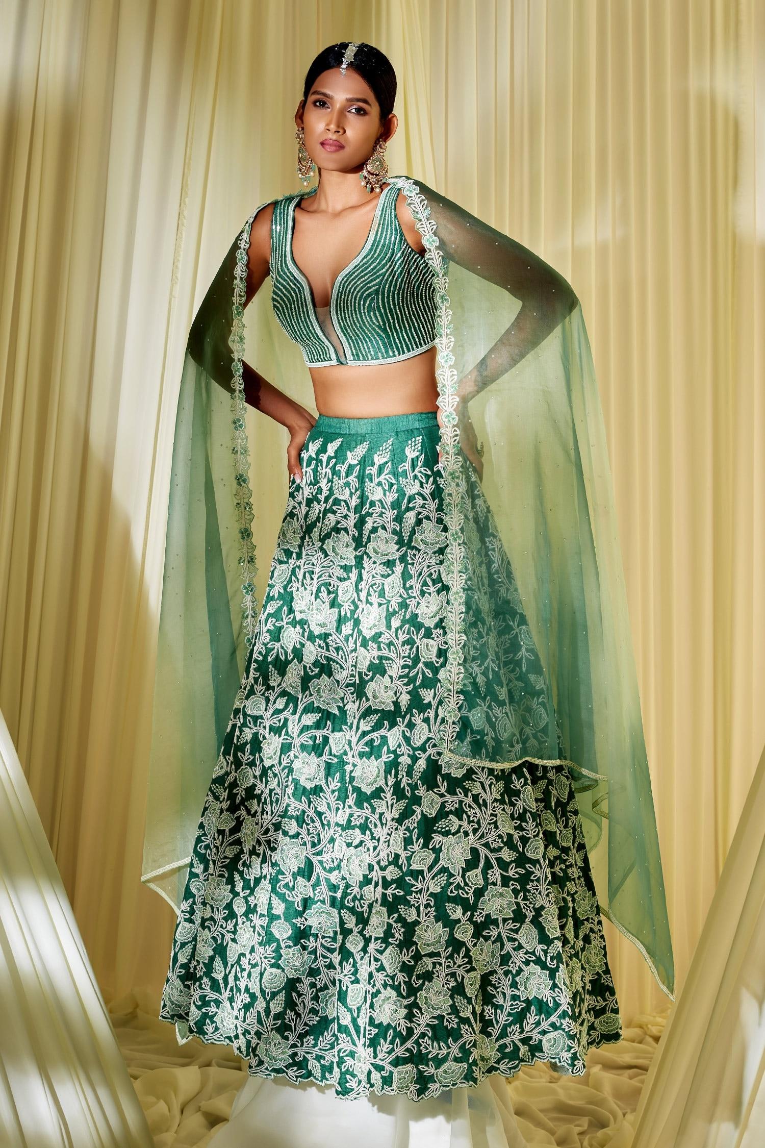 Green Silk, Organza Floral Plunge V Neck Embroidered Bridal Lehenga Set - Designer Kurta Set