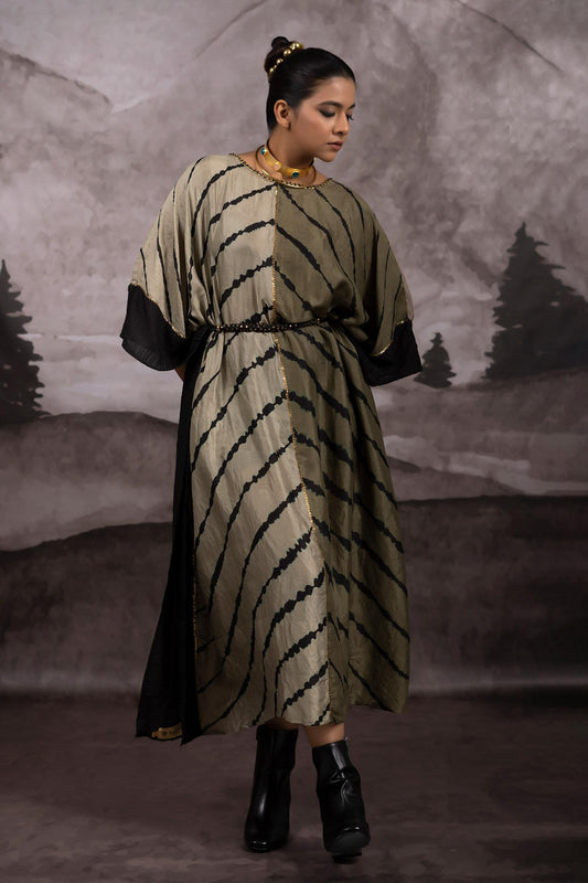 Green Silk Patchwork And Leheriya Pattern Reversible Kaftan With Rope Belt