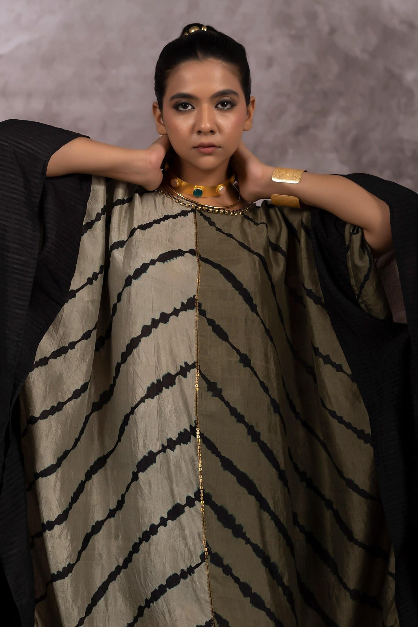 Green Silk Patchwork And Leheriya Pattern Reversible Kaftan With Rope Belt