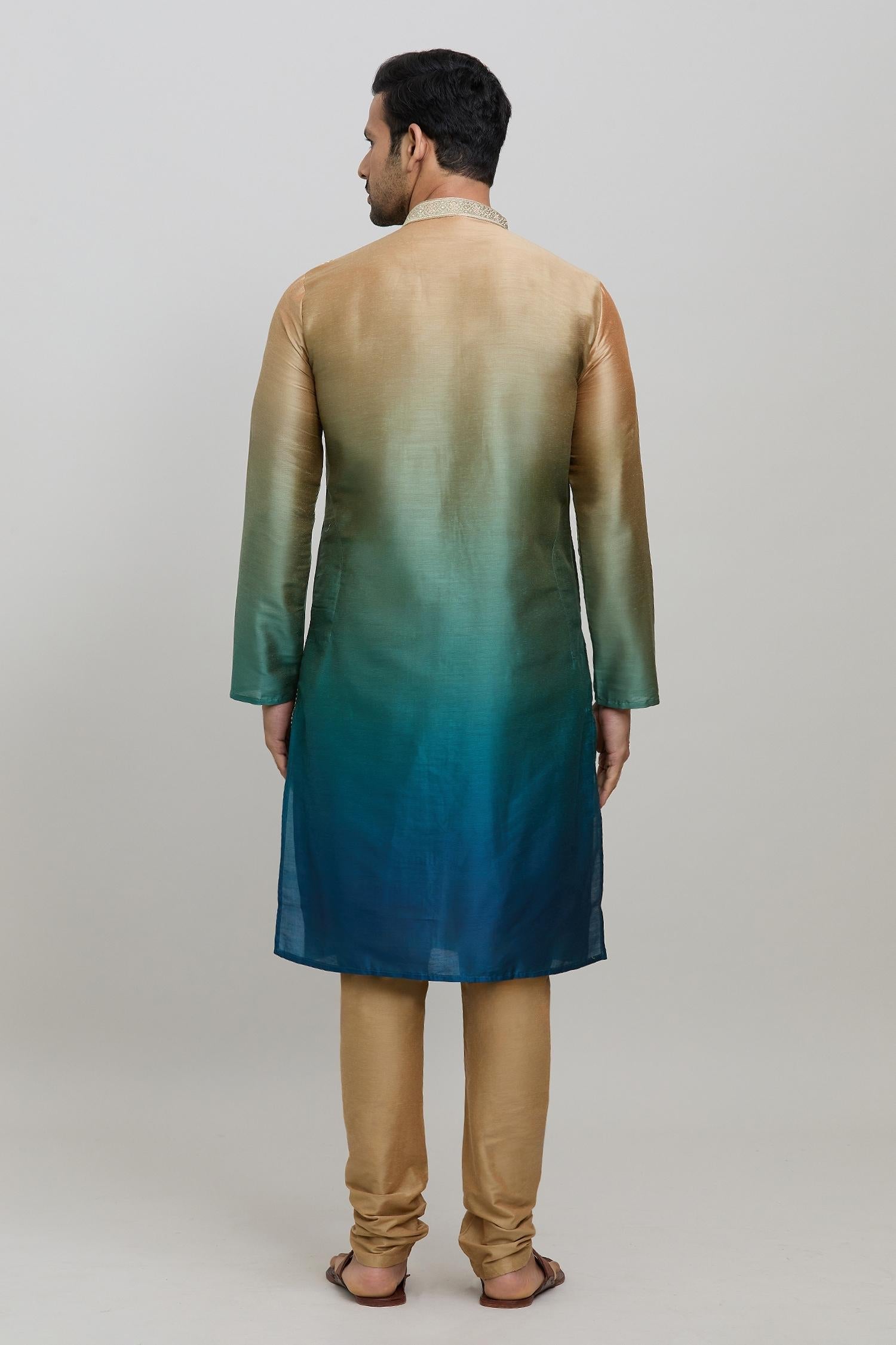Kurta Set Green Silk Polyester Embroidery Ombre