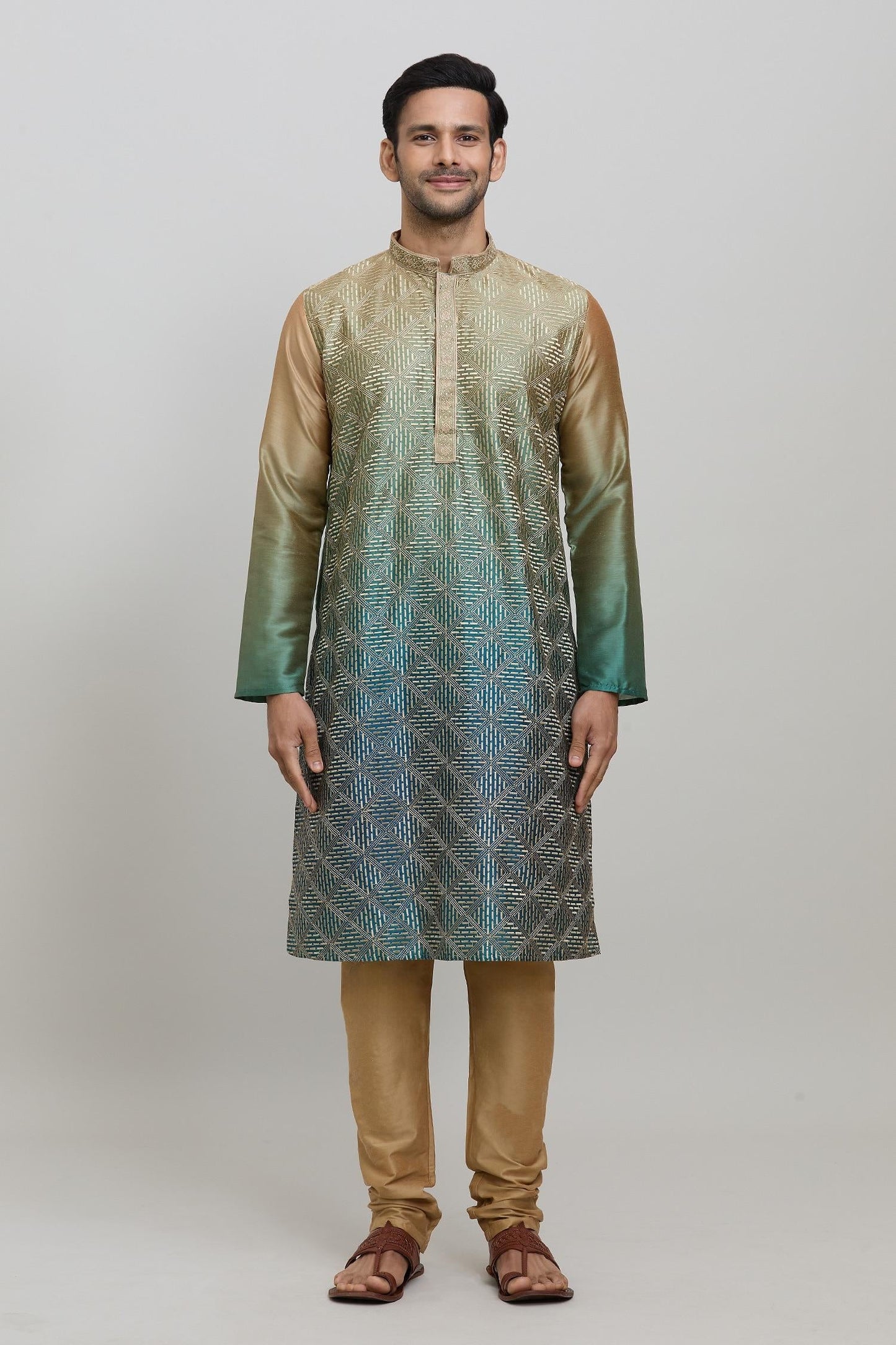Kurta Set Green Silk Polyester Embroidery Ombre
