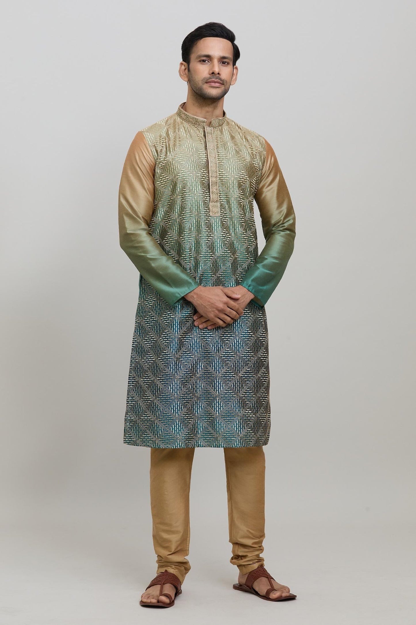 Kurta Set Green Silk Polyester Embroidery Ombre