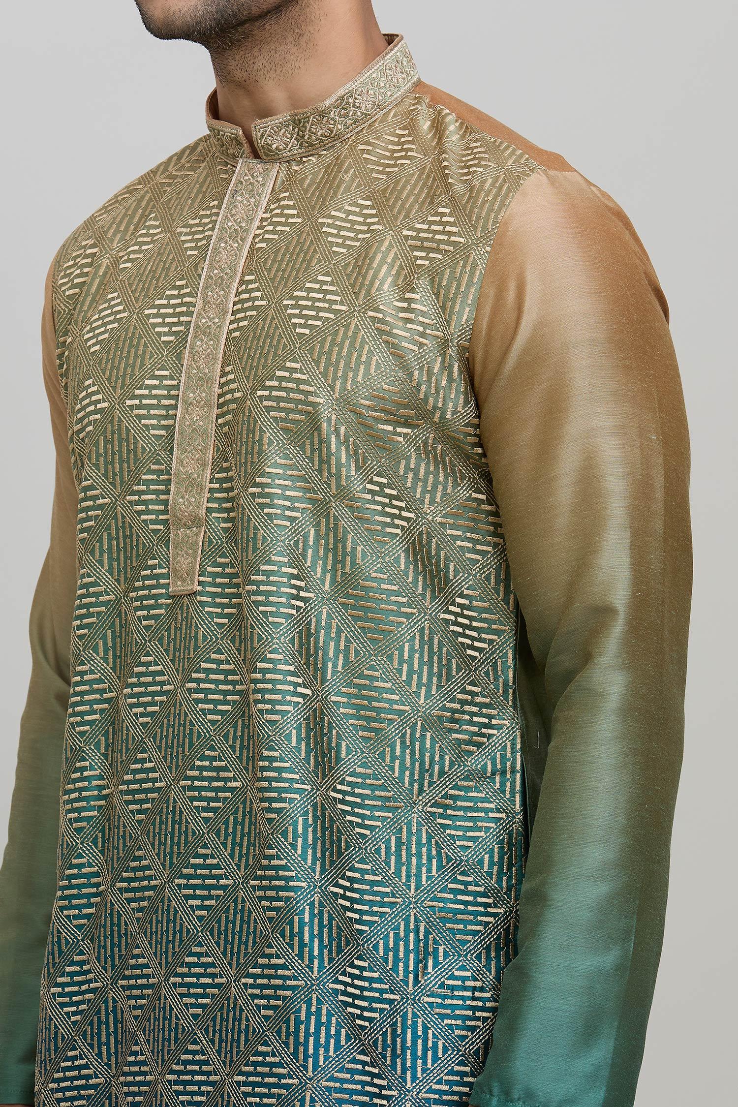 Kurta Set Green Silk Polyester Embroidery Ombre