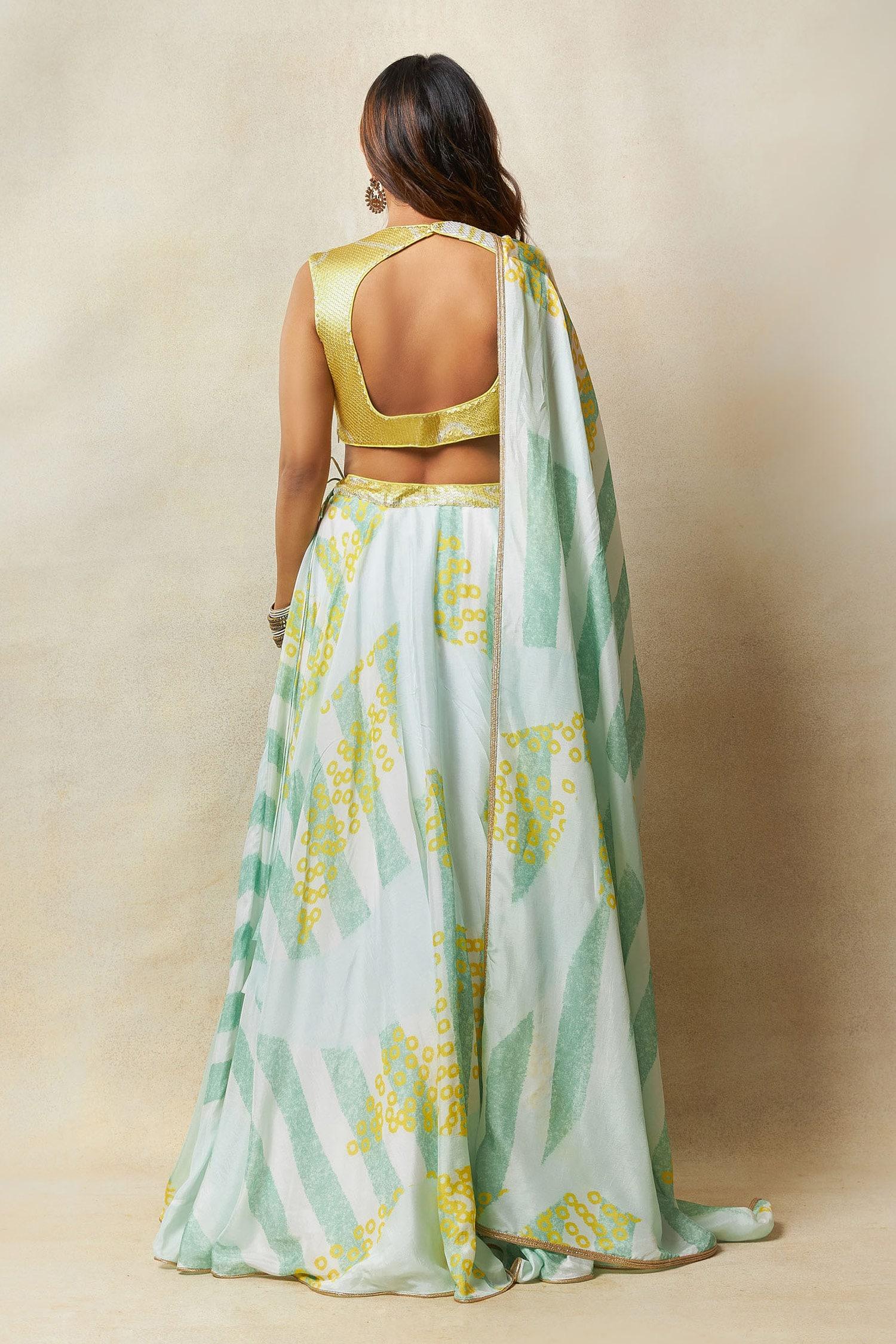 Green Silk Sequins V-neck Abstract Print Lehenga Set - Designer Kurta Set