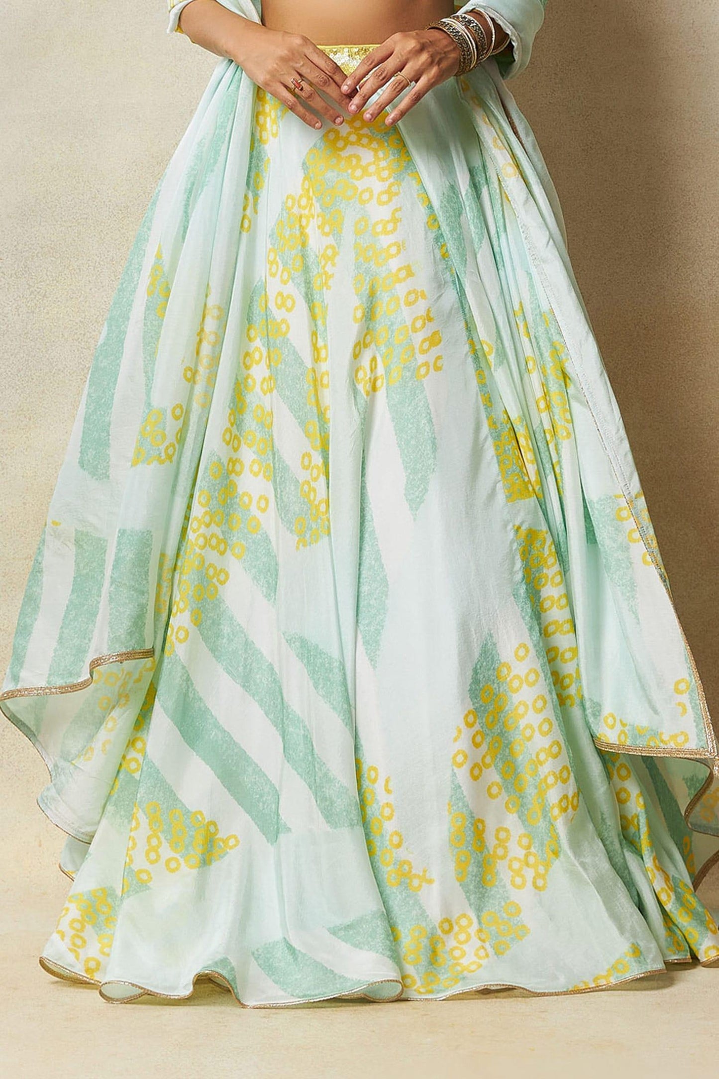 Green Silk Sequins V-neck Abstract Print Lehenga Set - Designer Kurta Set