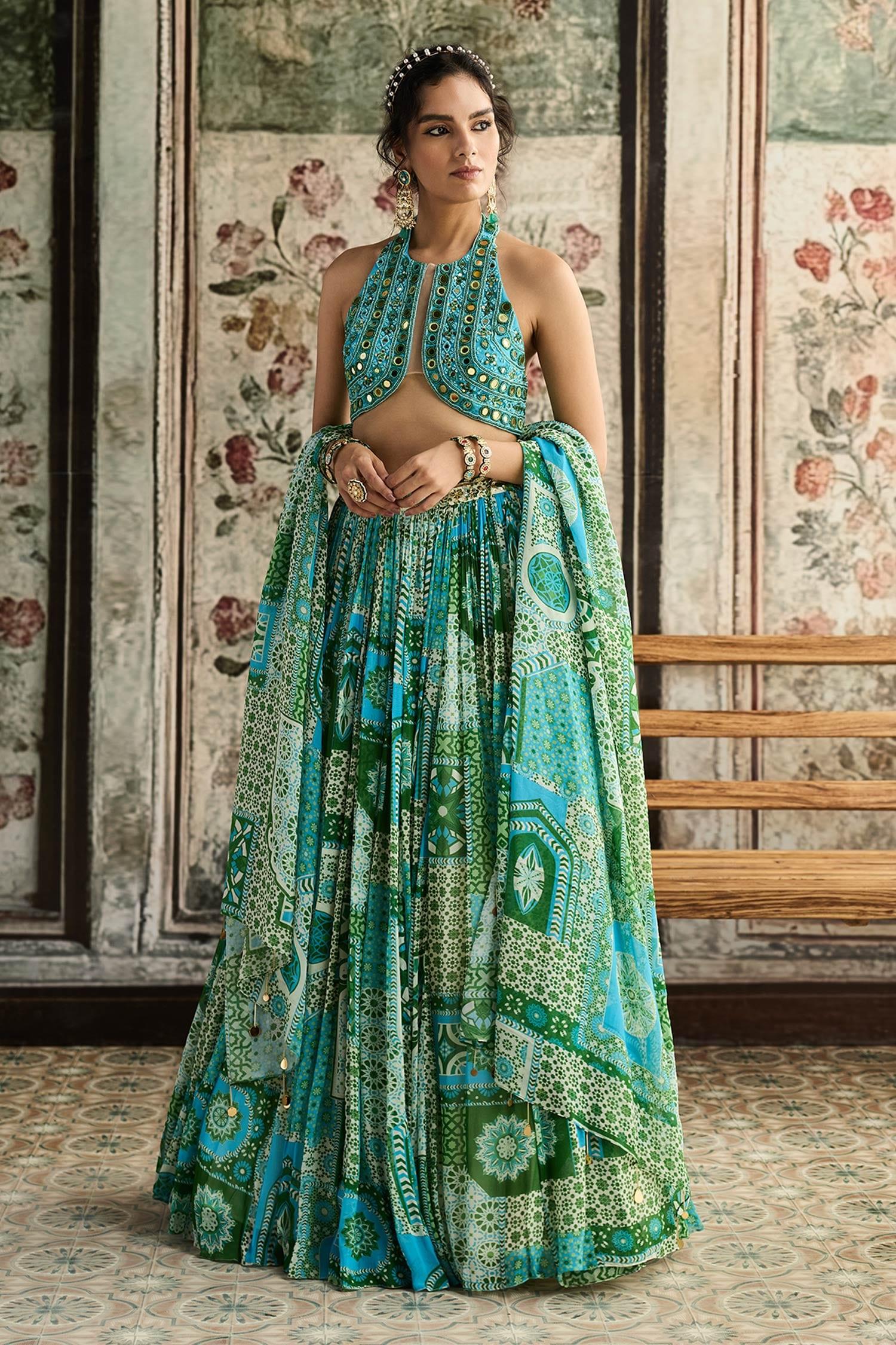 Green Tulle, Georgette Sequins Halter Neck Aqua Blue And Printed Lehenga Set - Designer Kurta Set
