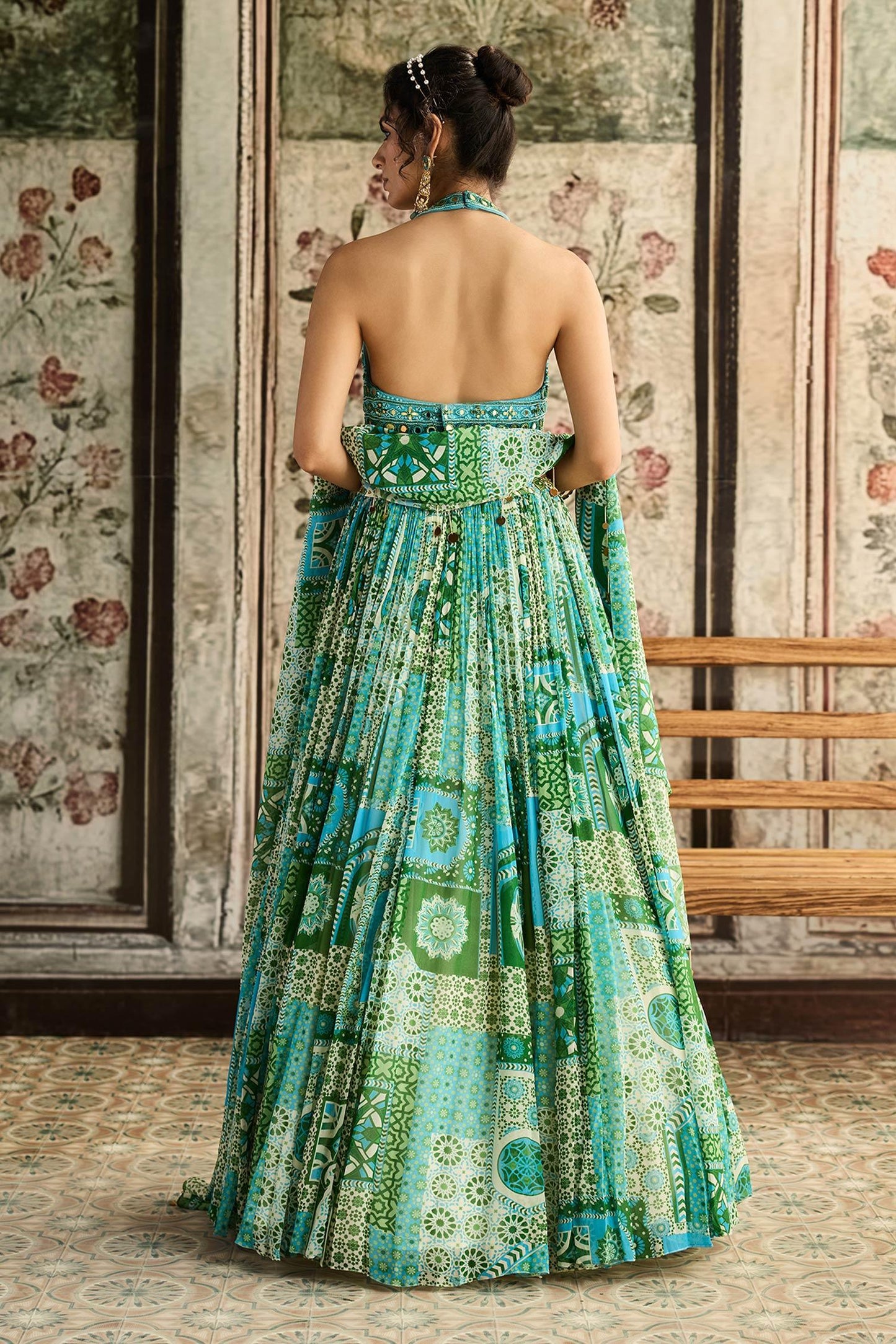 Green Tulle, Georgette Sequins Halter Neck Aqua Blue And Printed Lehenga Set - Designer Kurta Set