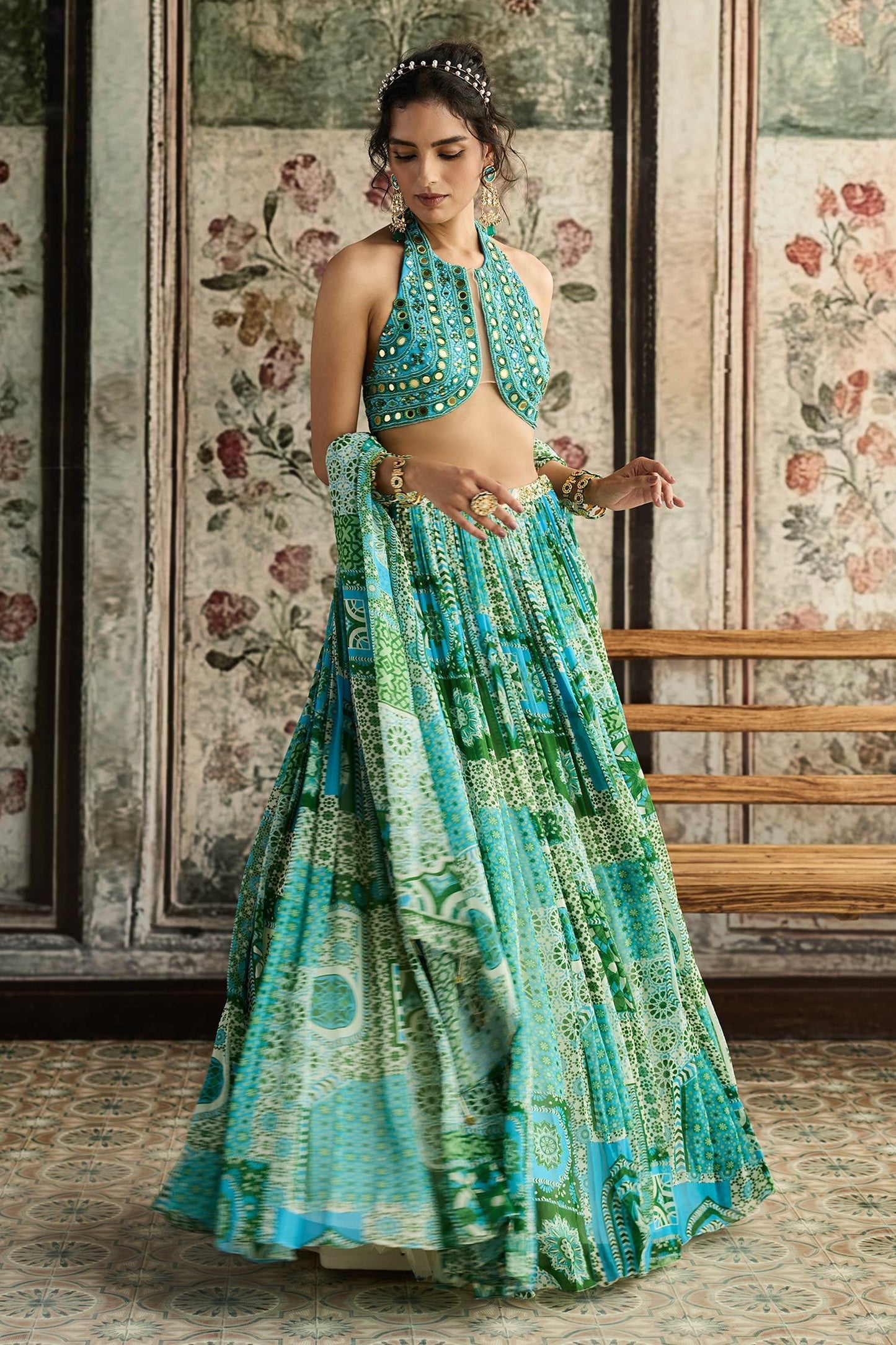 Green Tulle, Georgette Sequins Halter Neck Aqua Blue And Printed Lehenga Set - Designer Kurta Set