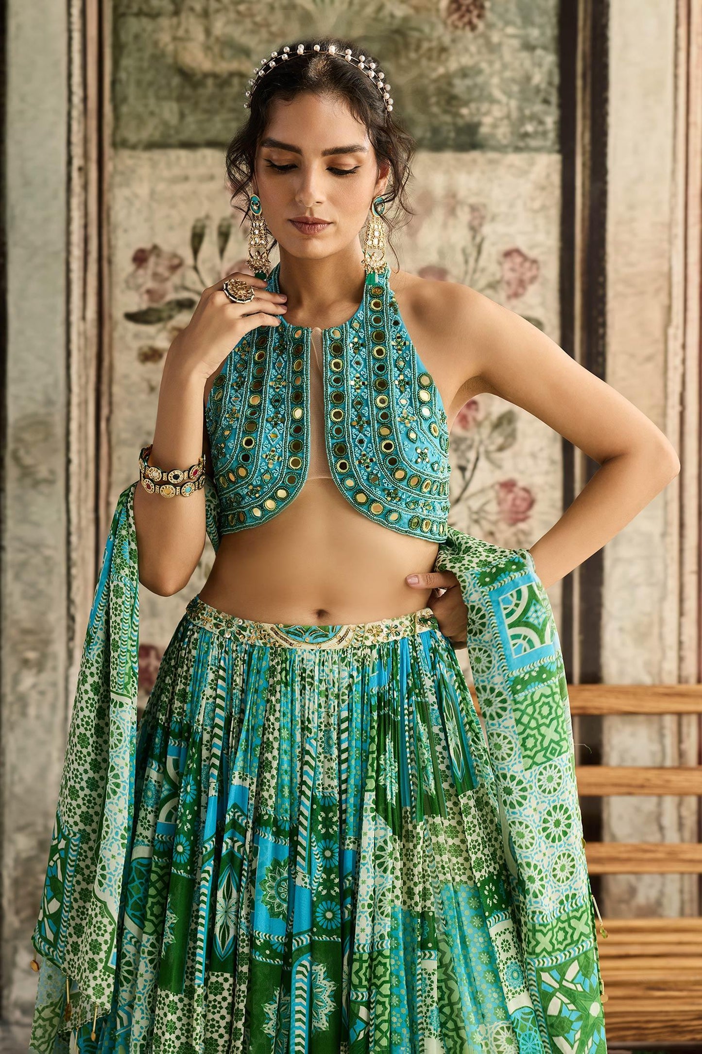 Green Tulle, Georgette Sequins Halter Neck Aqua Blue And Printed Lehenga Set - Designer Kurta Set