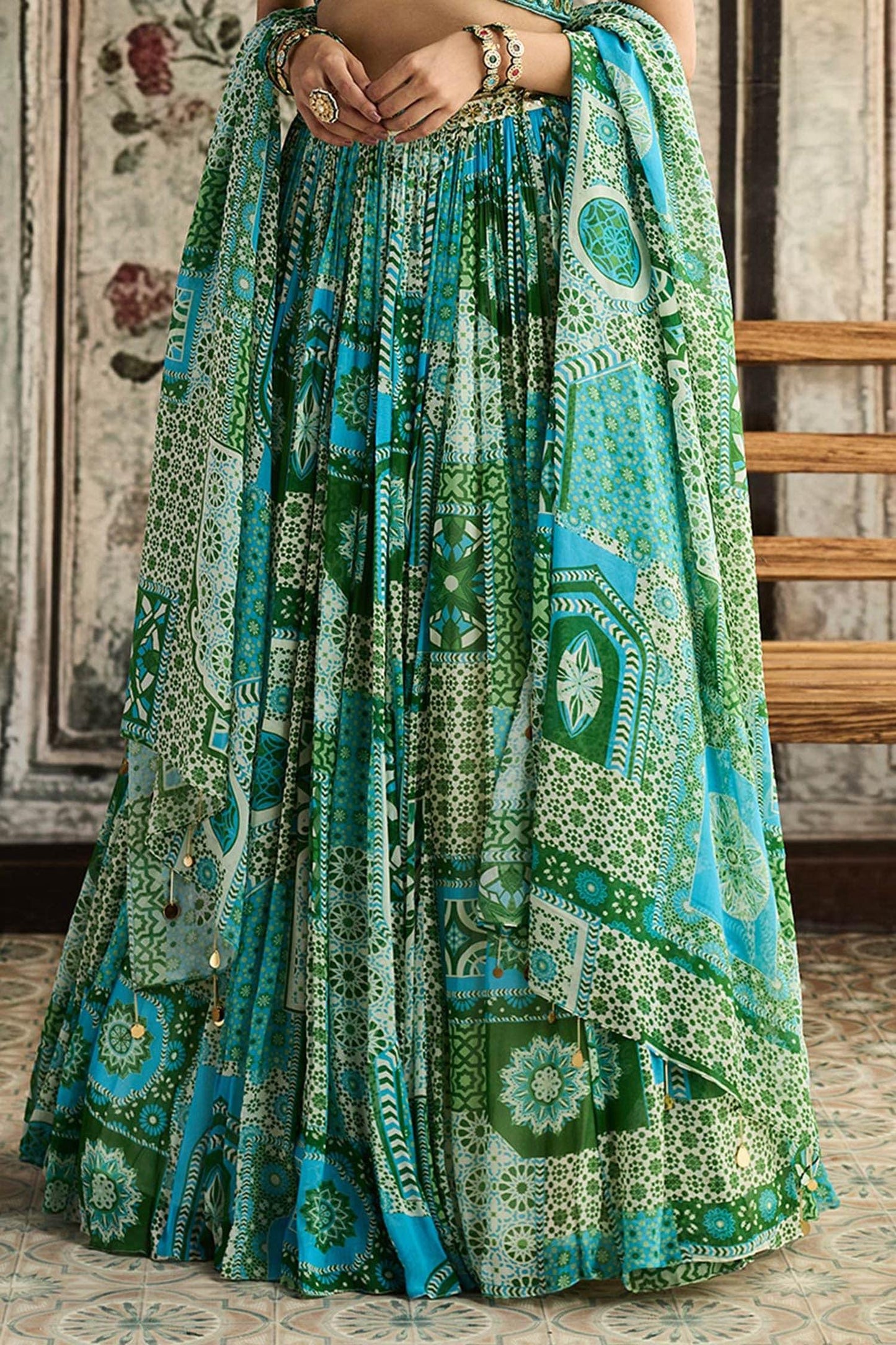 Green Tulle, Georgette Sequins Halter Neck Aqua Blue And Printed Lehenga Set - Designer Kurta Set