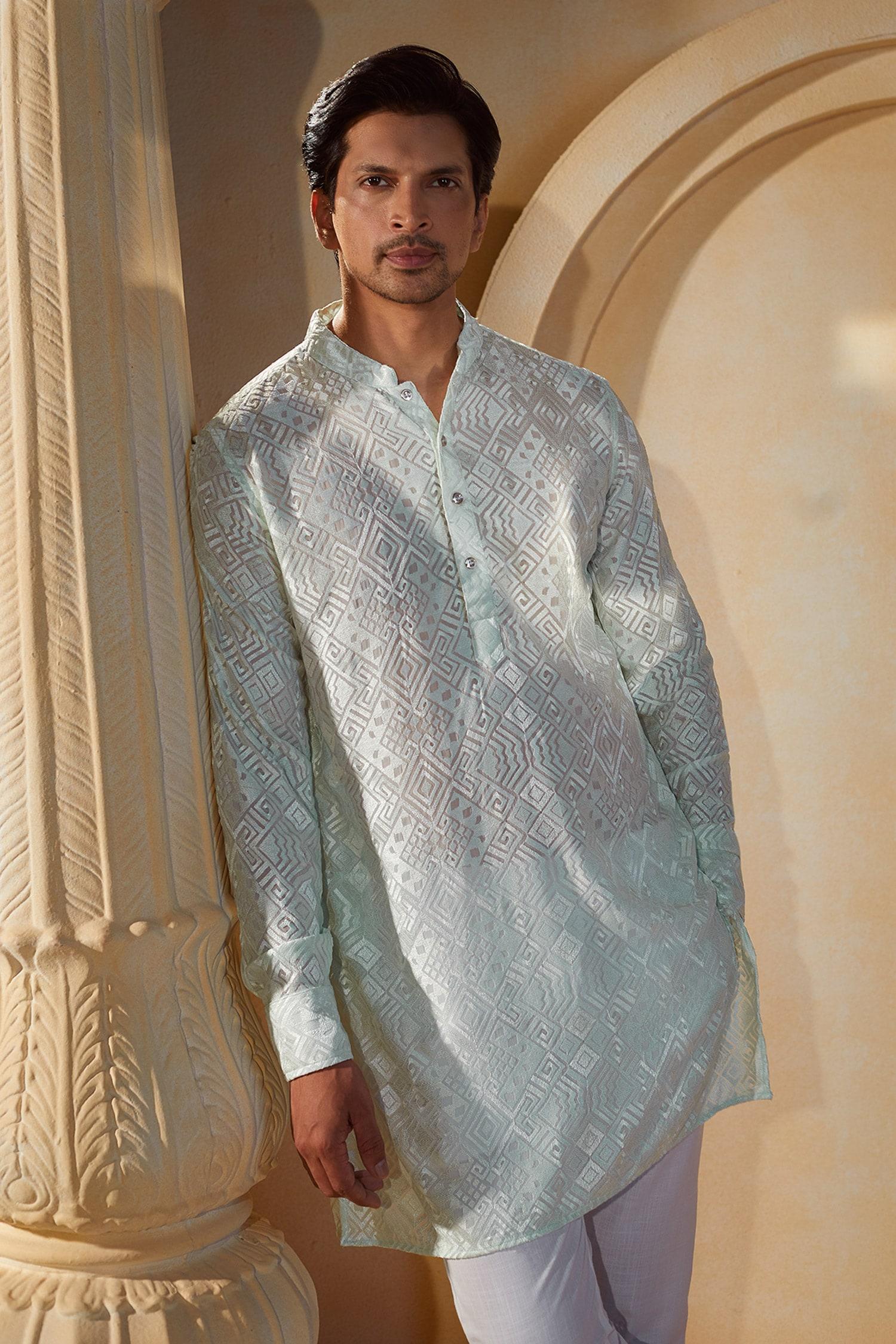 Kurta Set Green Viscose Cotton Silk Embroidery Mint Thread