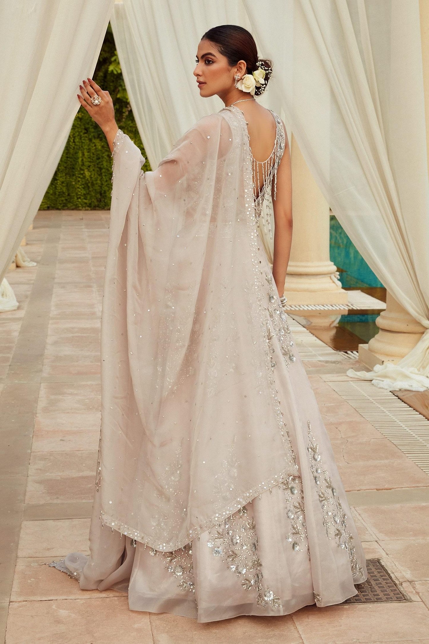Grey Italian Organza Lining Satin Pearls, Floral Embroidered Lehenga Set - Designer Kurta Set