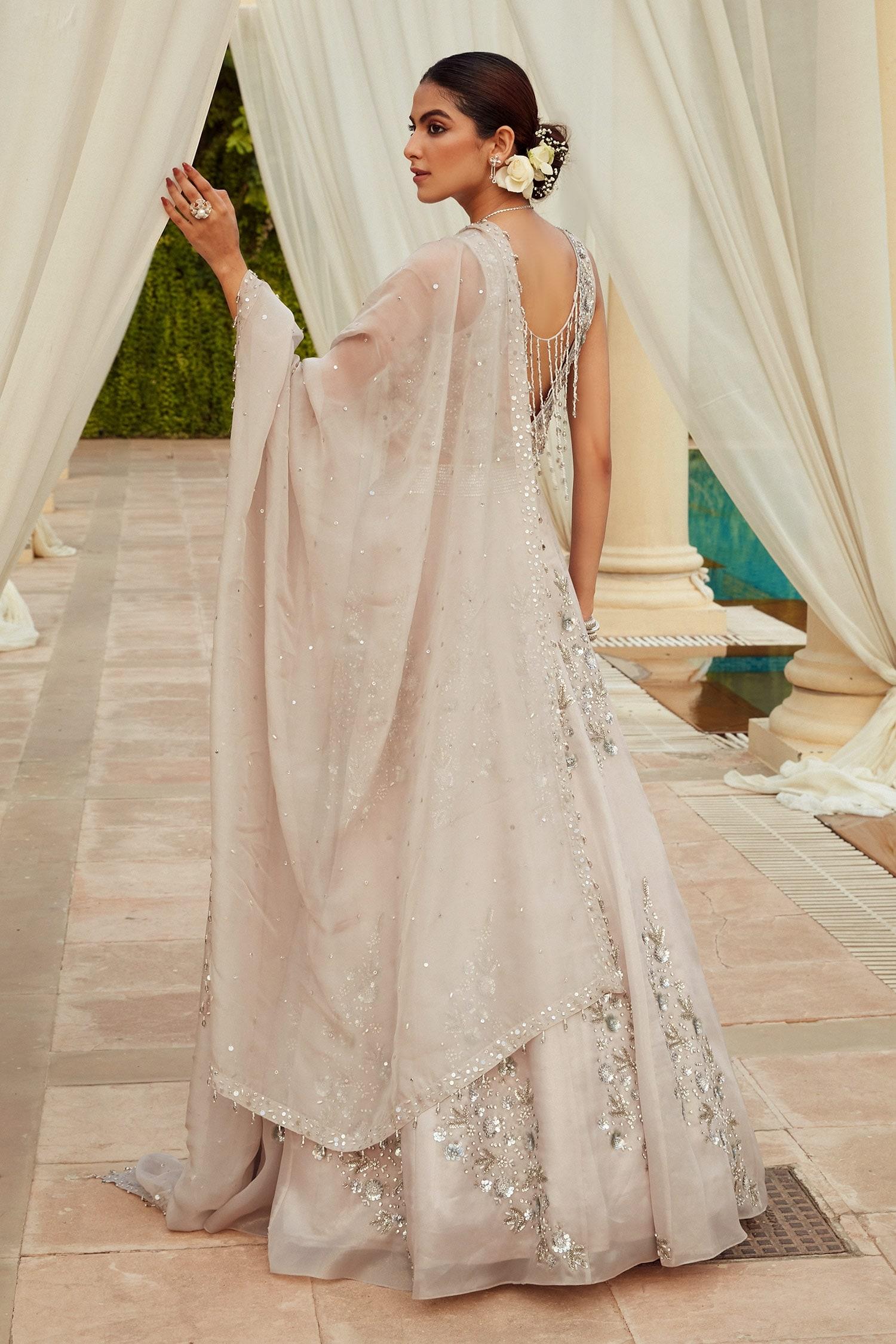 Grey Italian Organza Lining Satin Pearls, Floral Embroidered Lehenga Set - Designer Kurta Set