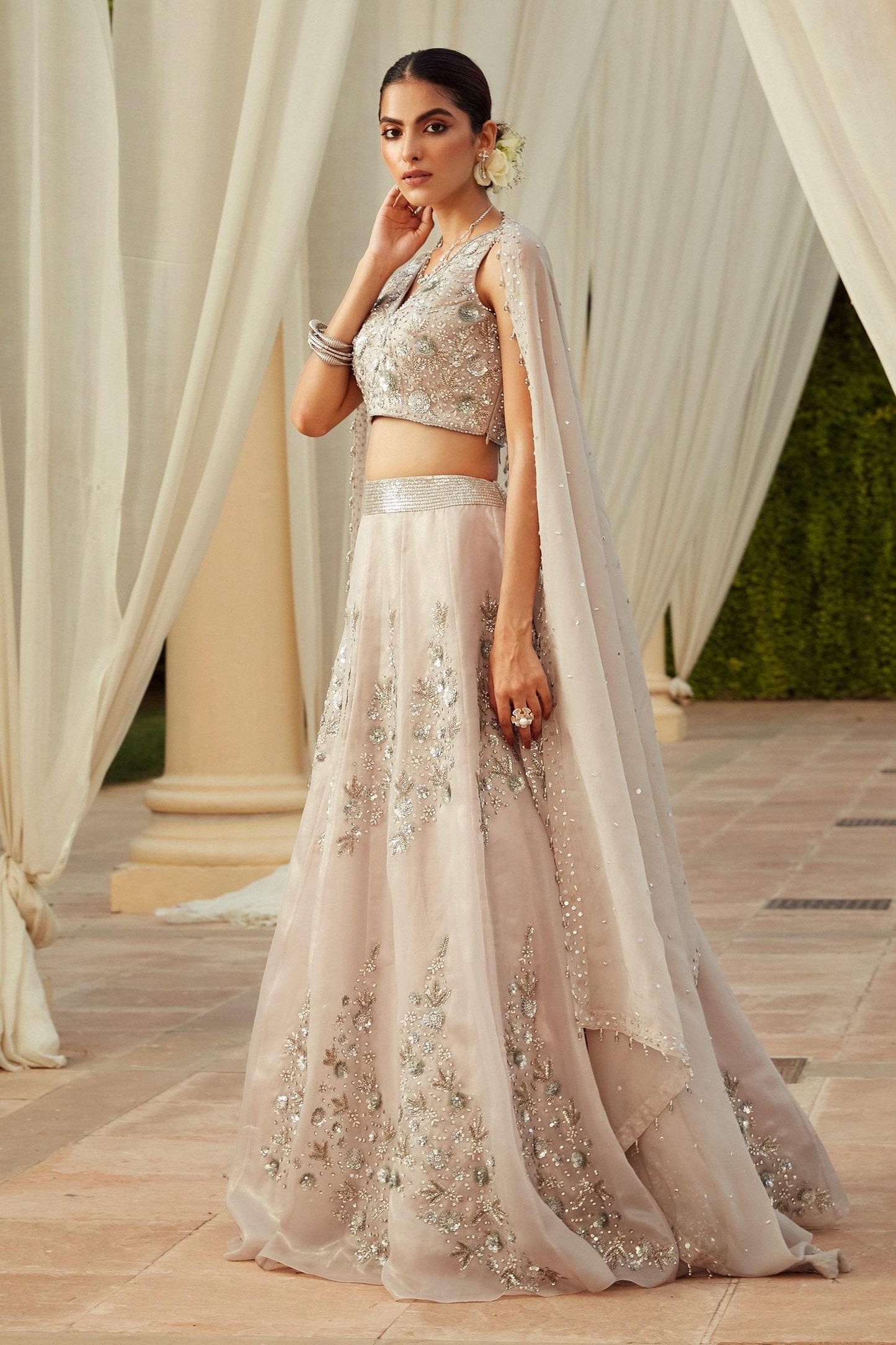 Grey Italian Organza Lining Satin Pearls, Floral Embroidered Lehenga Set - Designer Kurta Set