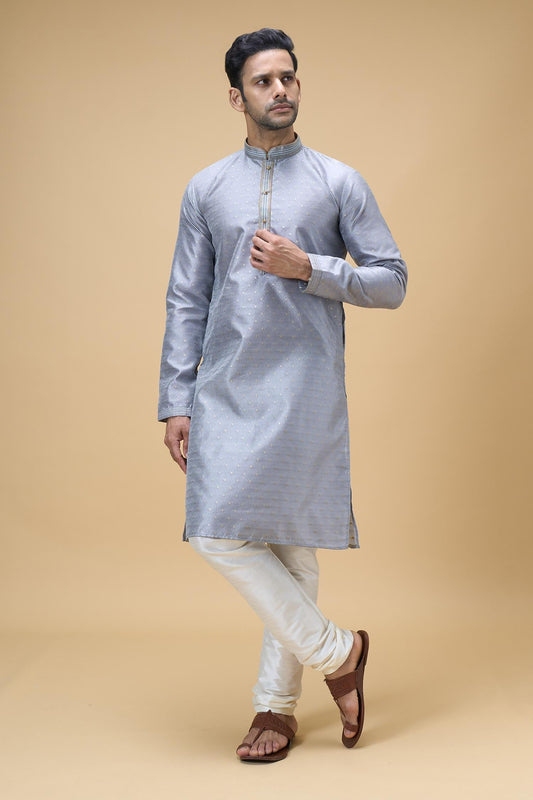 Kurta With Churidar Grey Jacquard Silk Ray Bloom Woven