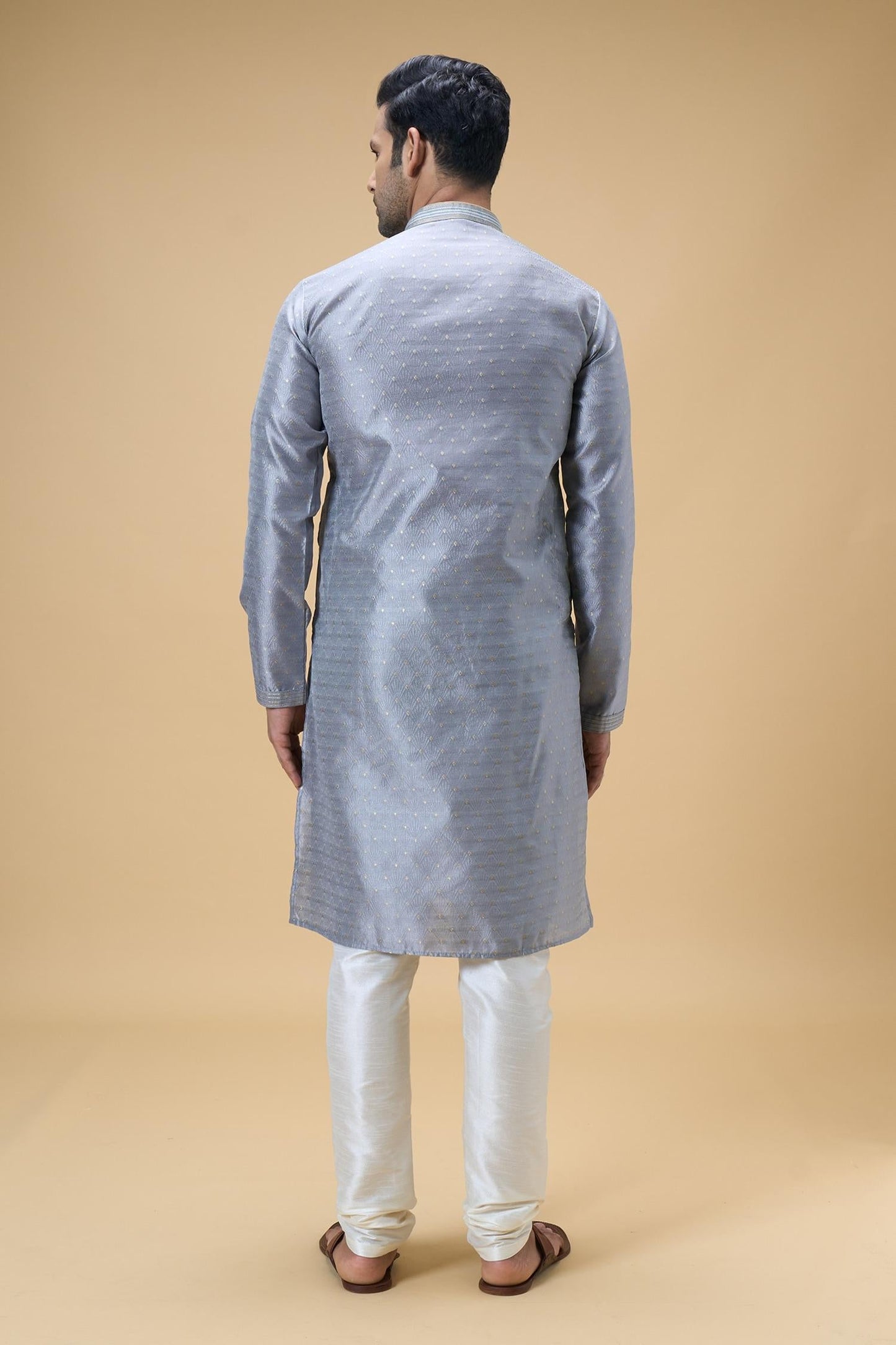 Kurta With Churidar Grey Jacquard Silk Ray Bloom Woven