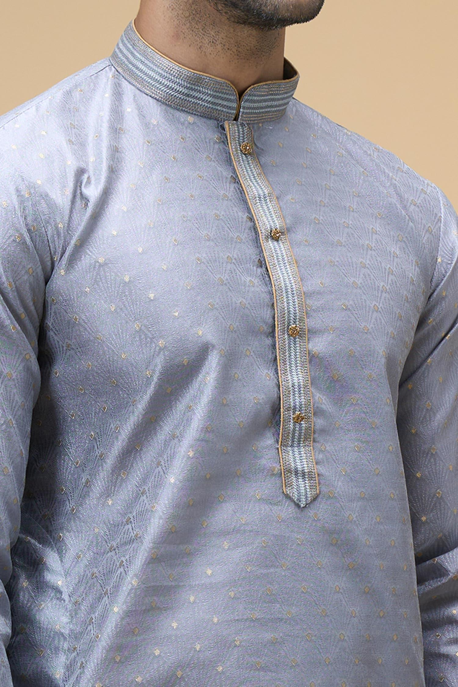 Kurta With Churidar Grey Jacquard Silk Ray Bloom Woven