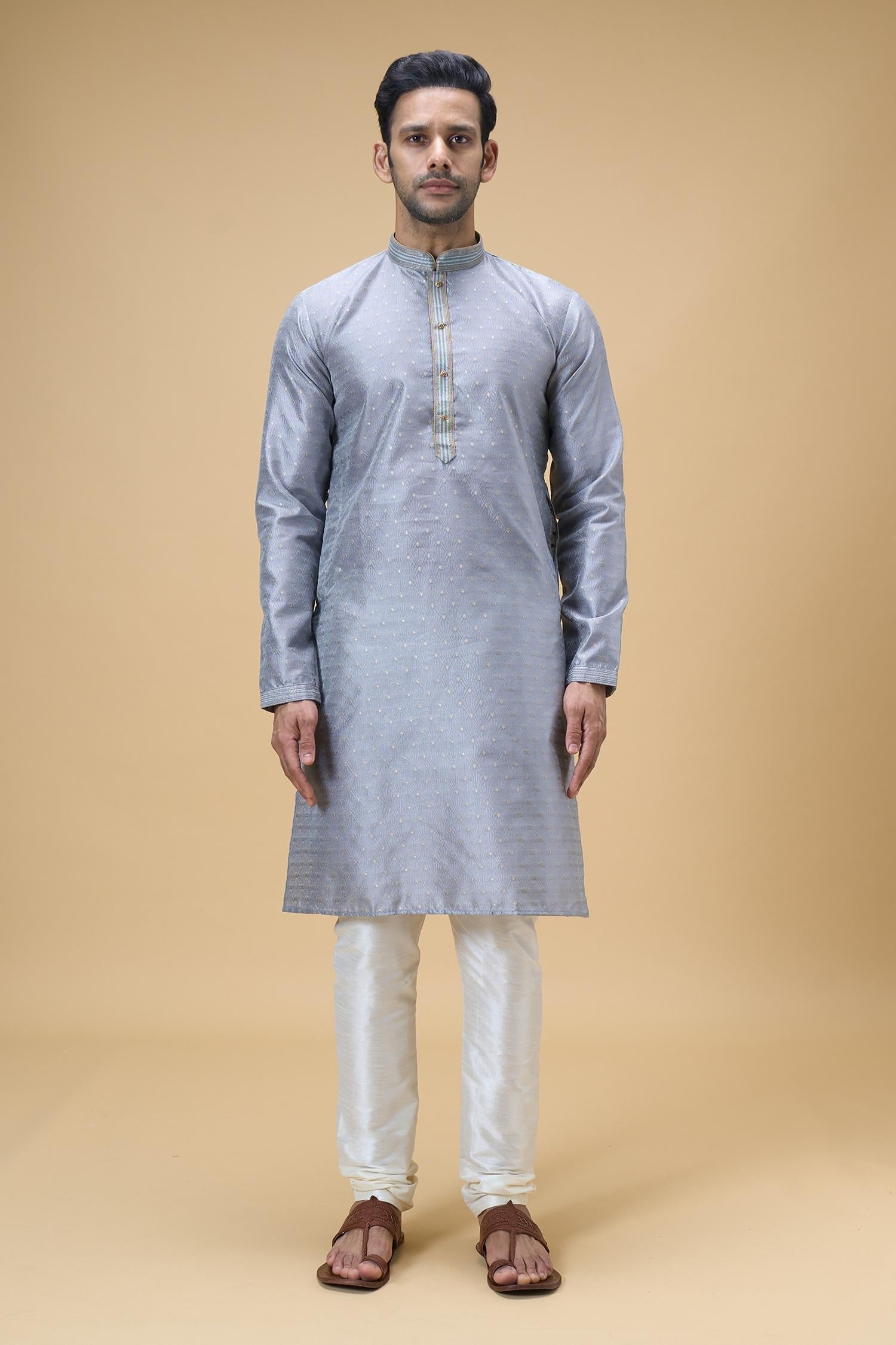 Kurta With Churidar Grey Jacquard Silk Ray Bloom Woven