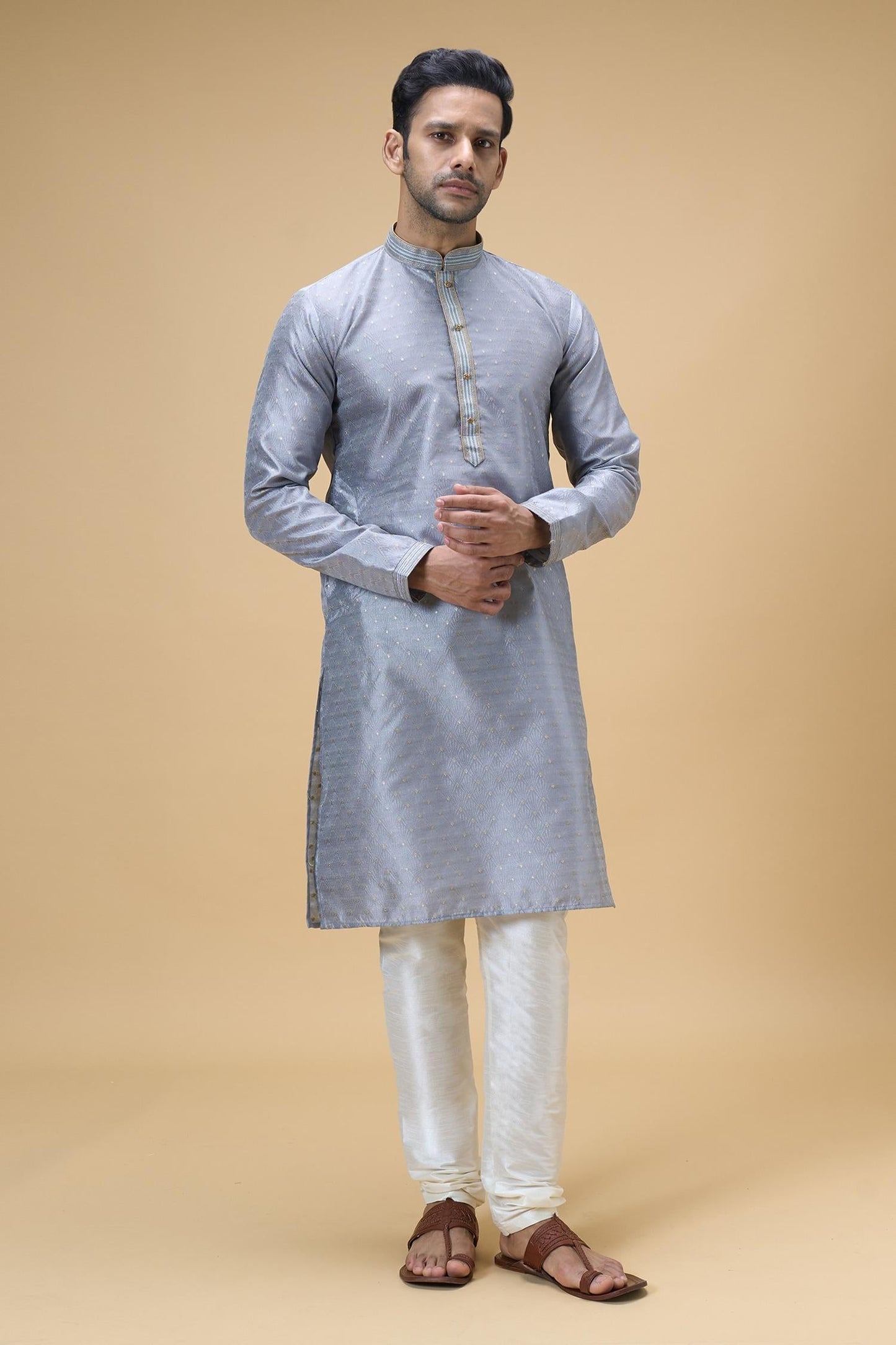 Kurta With Churidar Grey Jacquard Silk Ray Bloom Woven