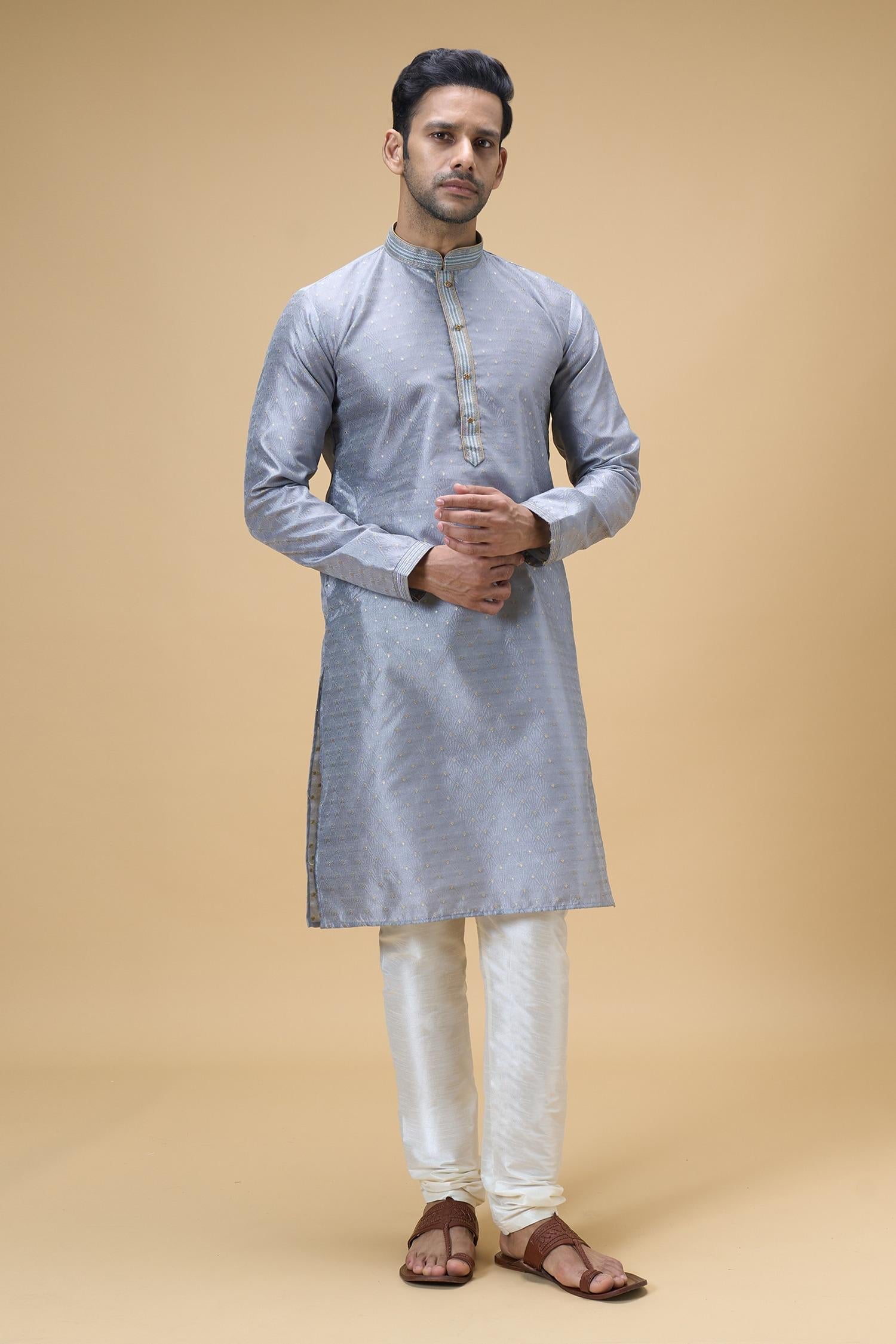Kurta With Churidar Grey Jacquard Silk Ray Bloom Woven